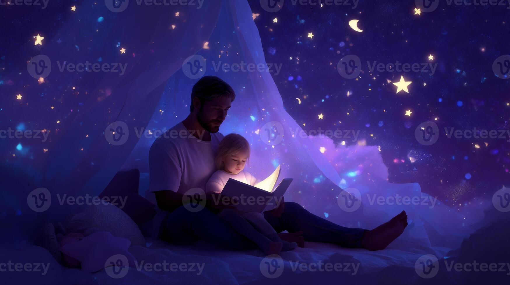 Father reads a bedtime story to daughter under a starry night sky in a cozy bedroom photo