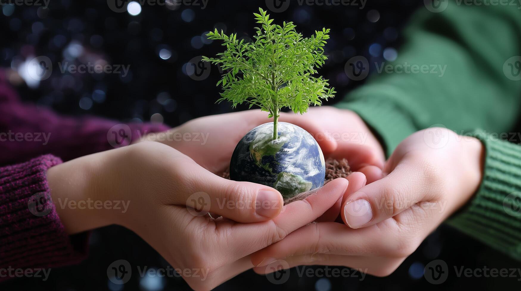 People holding a small globe with a tree sprouting on top, representing environmental care and sustainability efforts photo