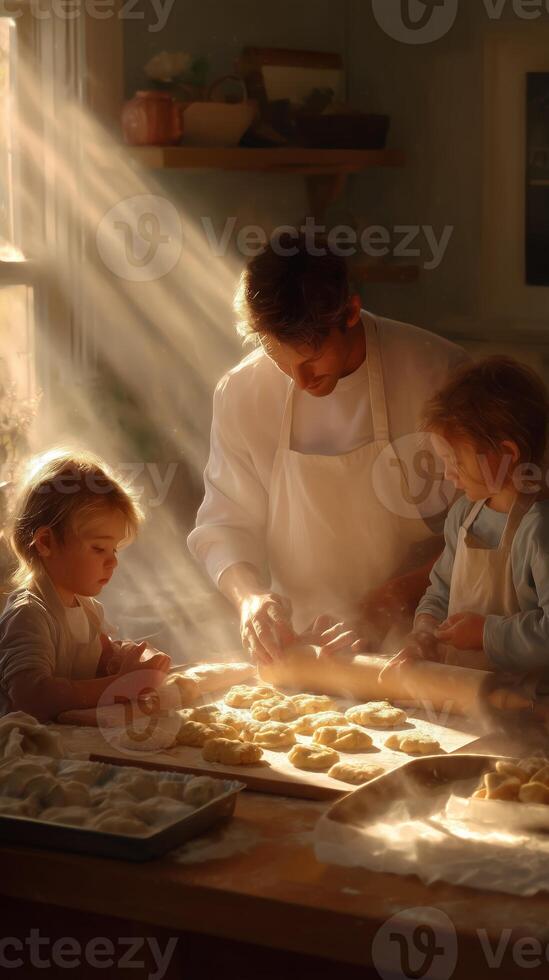 Baking in the kitchen as sunlight pours through the window with a chef and two kids preparing dough together photo