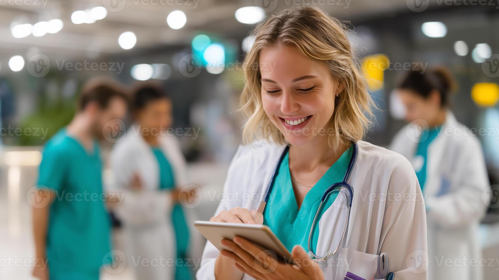 Healthcare professional smiles while using tablet in busy hospital environment during daytime photo