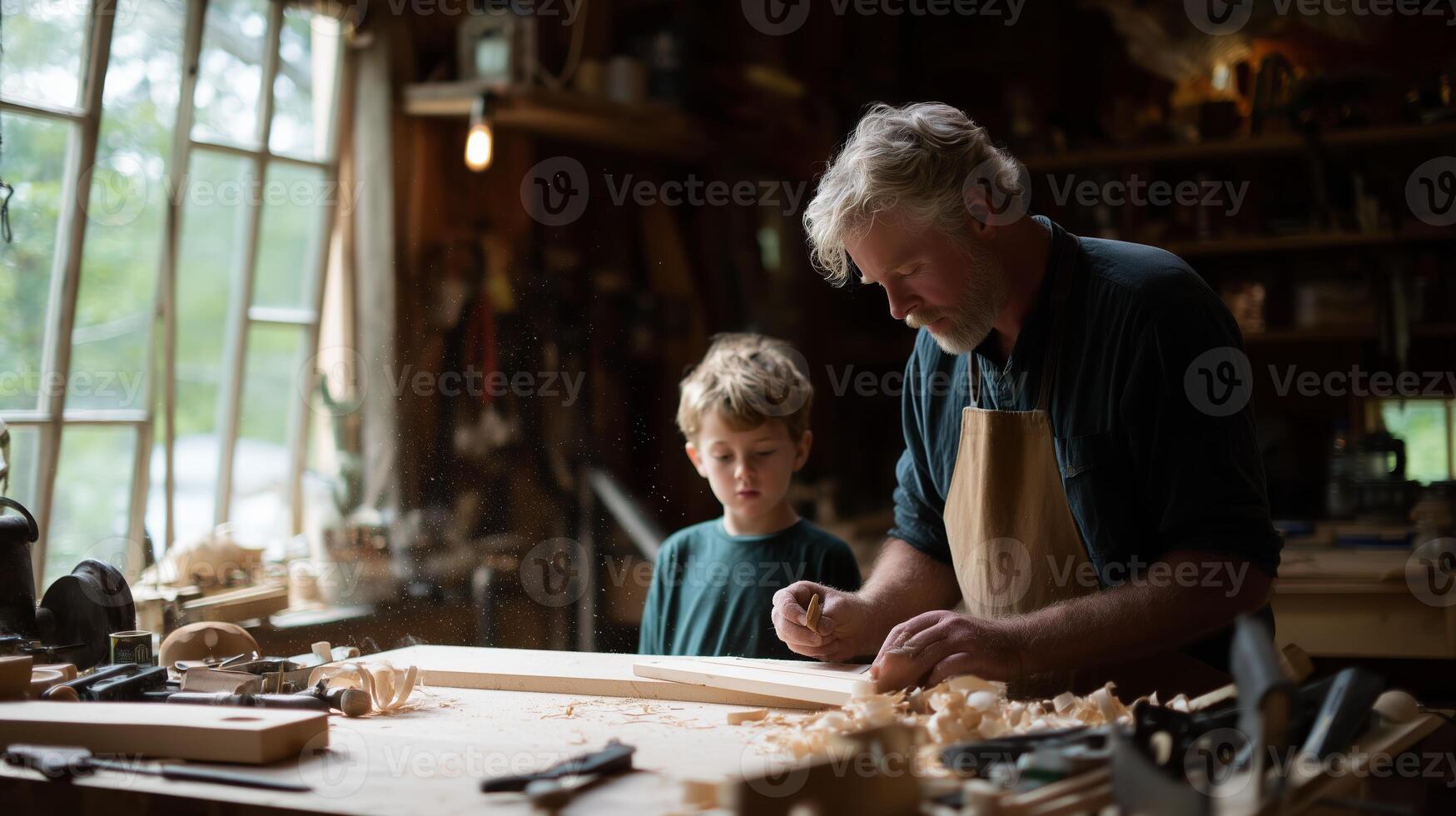 Woodworking activity between a grandfather and grandson in a rustic workshop during the early afternoon photo