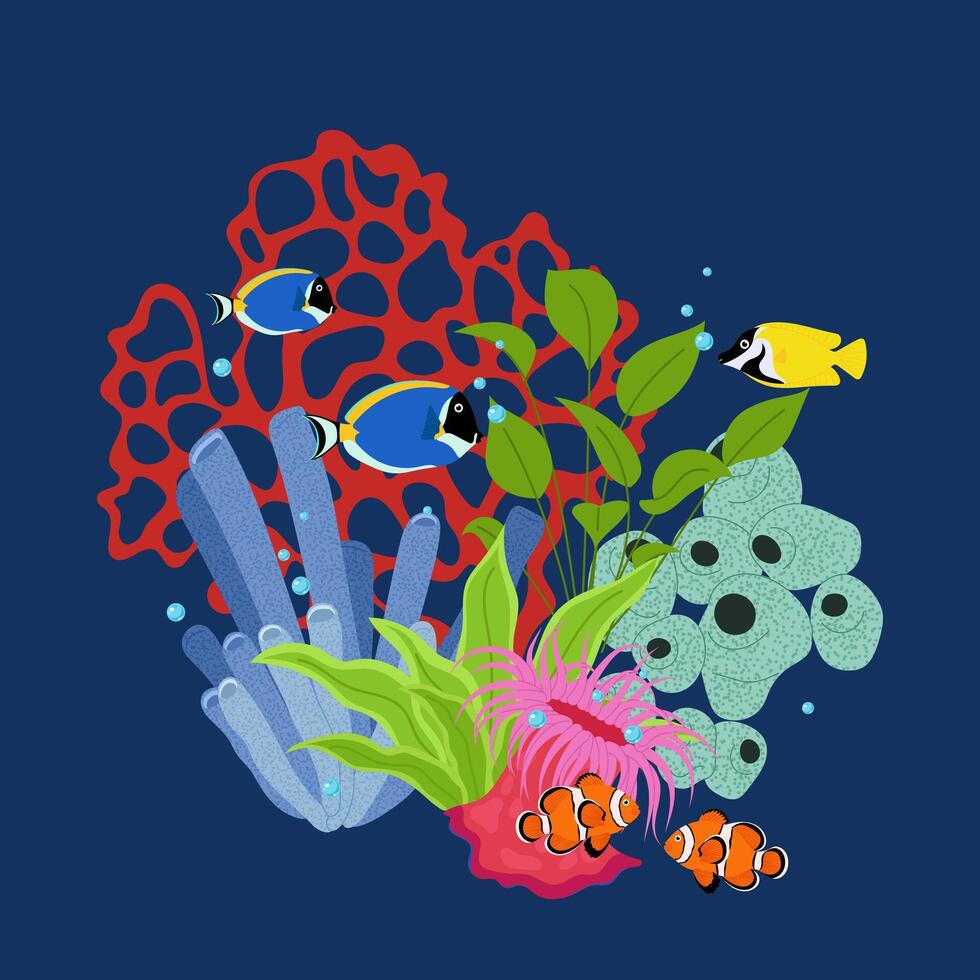 Bright underwater scene with various tropical fish swimming among colorful corals, sea plants, and anemones in a cartoon style. vector