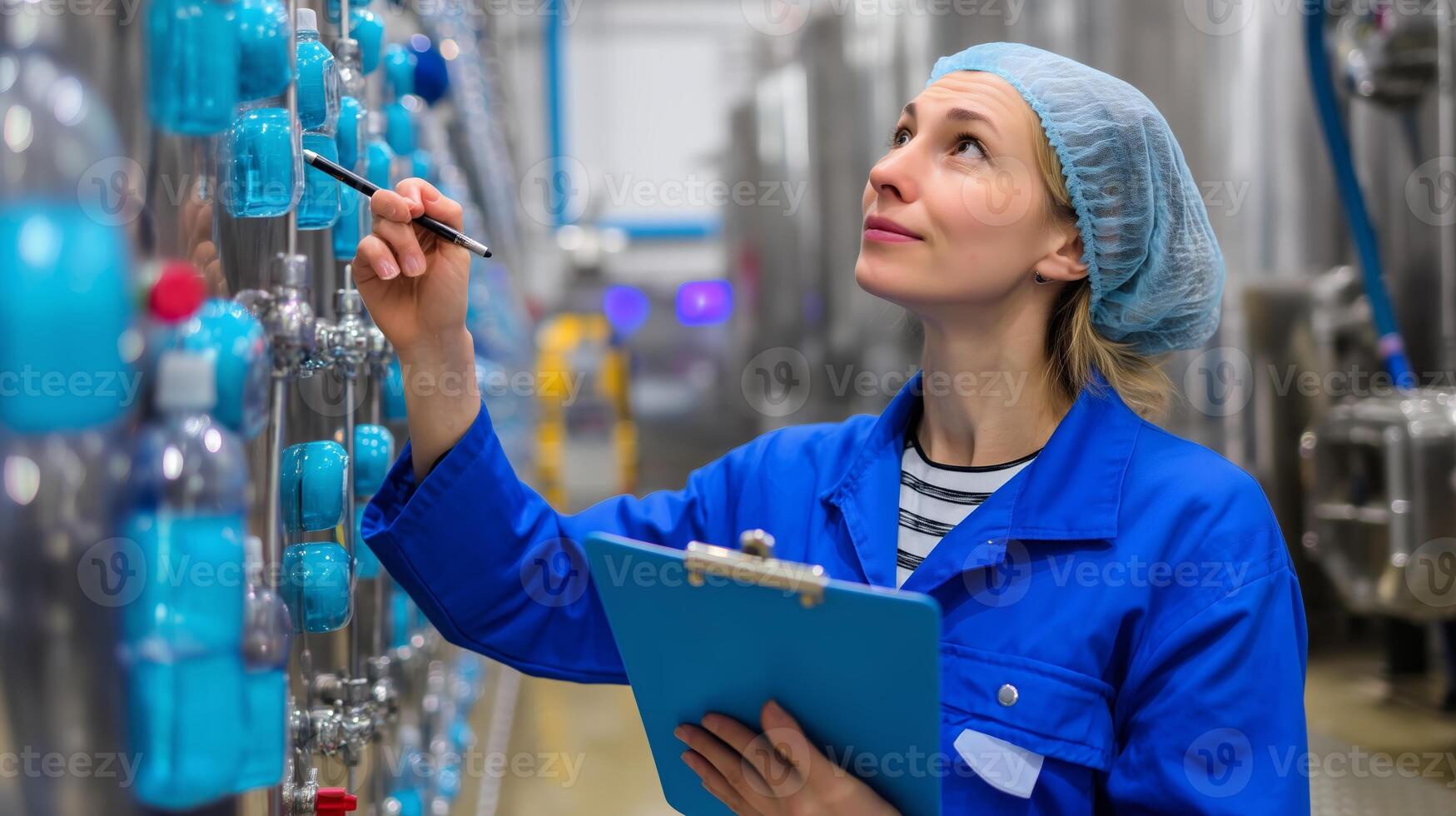 Technician monitors equipment in manufacturing facility while documenting data in a bustling industrial environment photo
