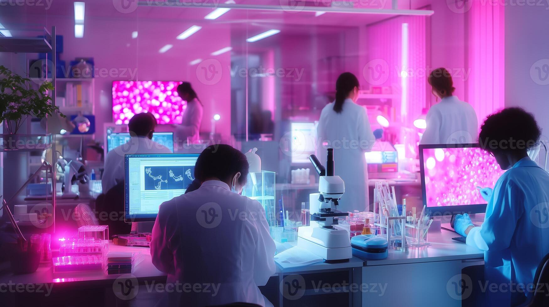 Scientists conduct research in a vibrant laboratory filled with advanced technology during a late evening session photo