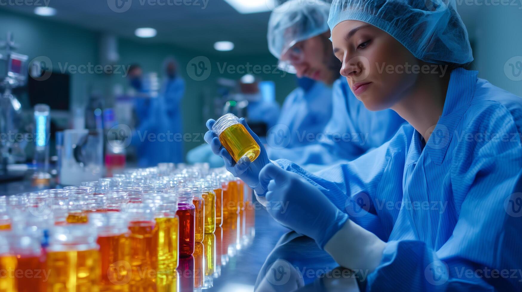 Research lab activity involving analysis of colorful liquid samples by scientists wearing lab coats and protective gear photo