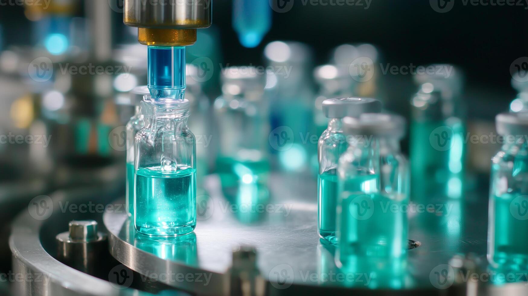Production of vaccine vials in a sterile laboratory with automated machinery and bright blue liquid in glass containers photo