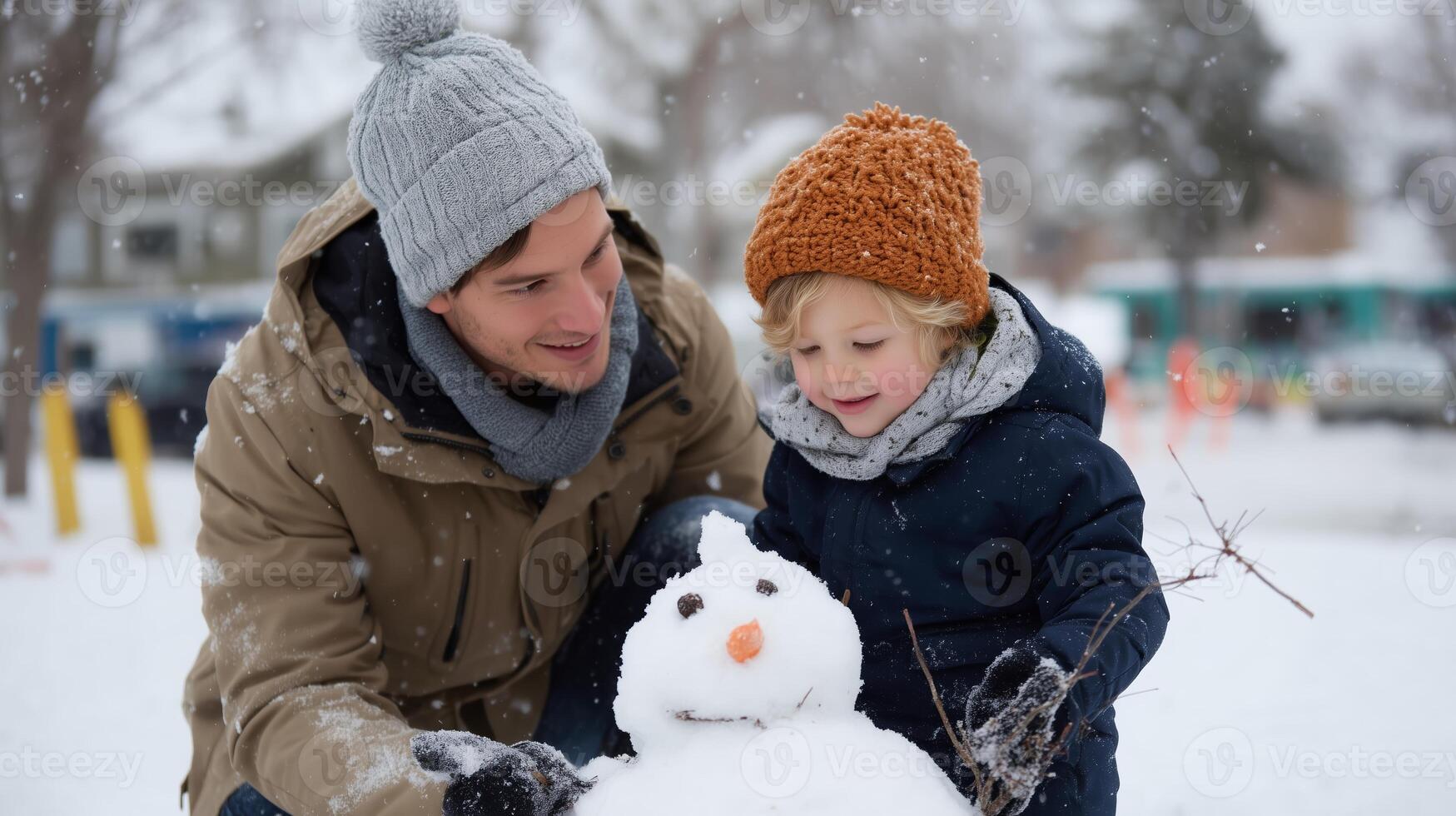 Child and father build a cheerful snowman during a snowy winter day in a park photo