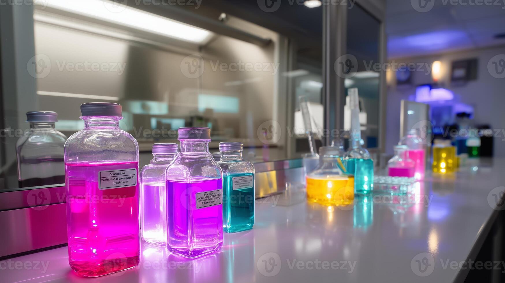 Colorful laboratory bottles filled with vibrant liquids illuminate a research environment during an evening experiment session photo