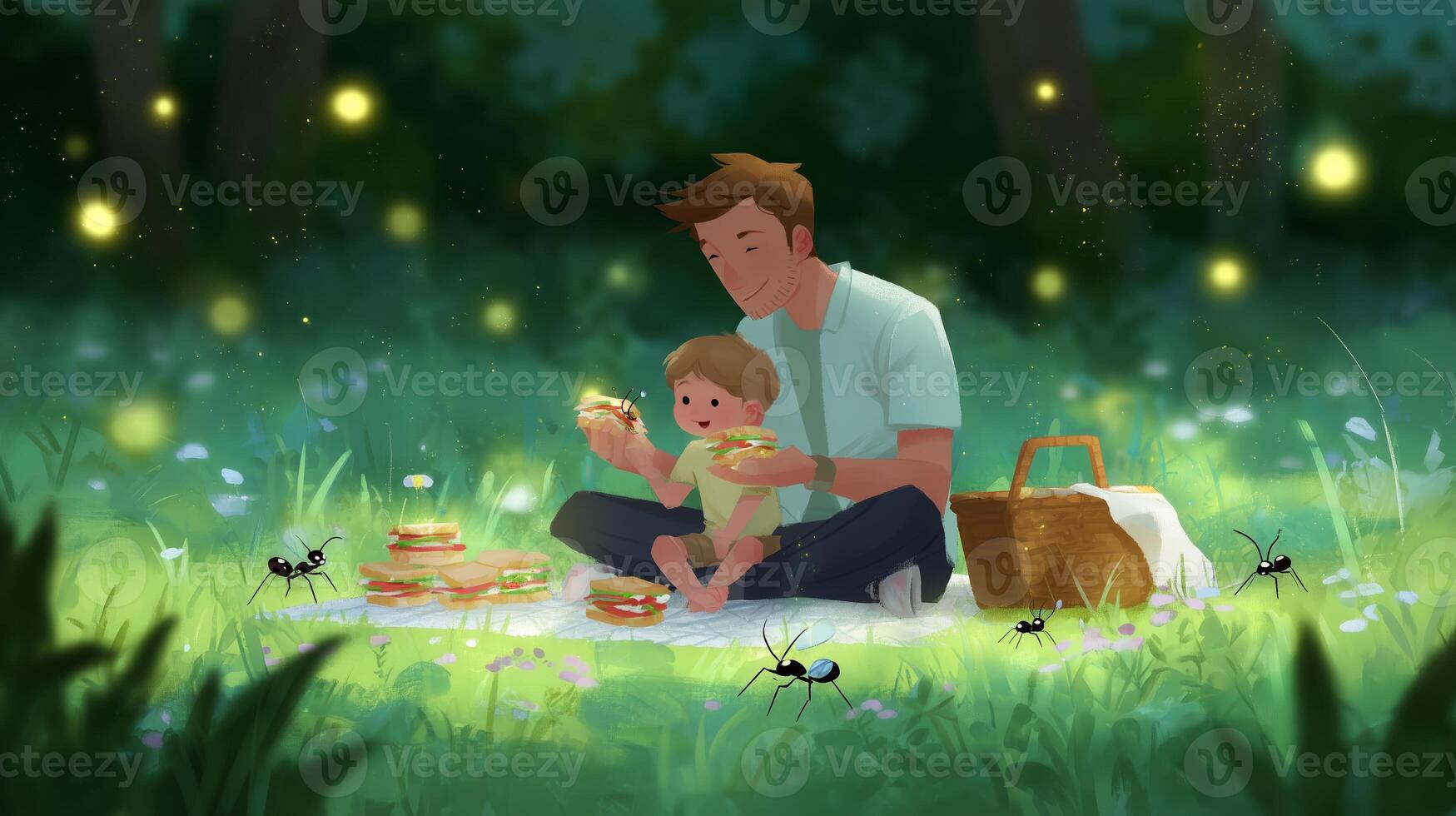 Enjoying a summer picnic in a lush green forest with fireflies and playful ants photo