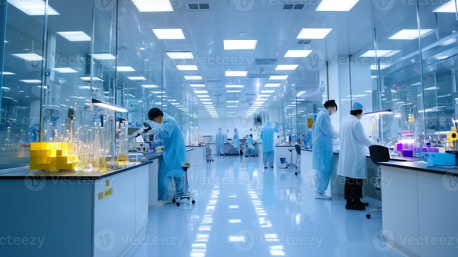 Modern laboratory with scientists conducting research and experiments in a clean, well-lit environment photo