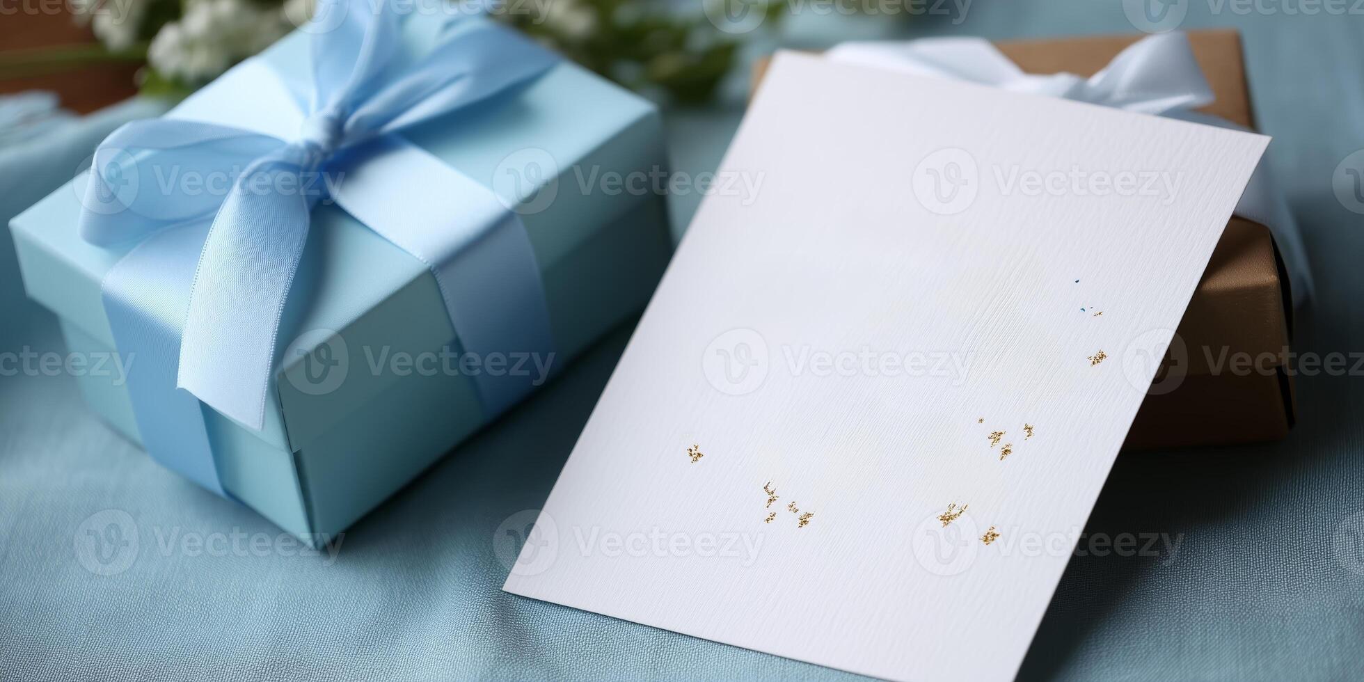 Gift boxes and a blank card arranged elegantly on a soft blue backdrop for a special occasion photo