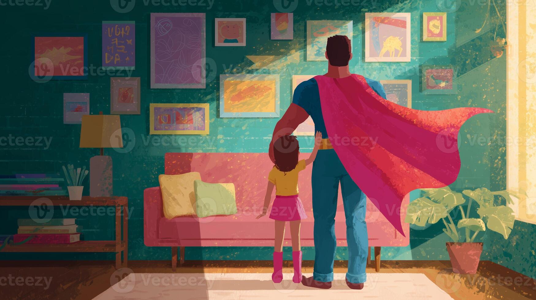 Family moment in a cozy living room where a superhero holds a child's hand with colorful artwork on the walls during a sunny day photo