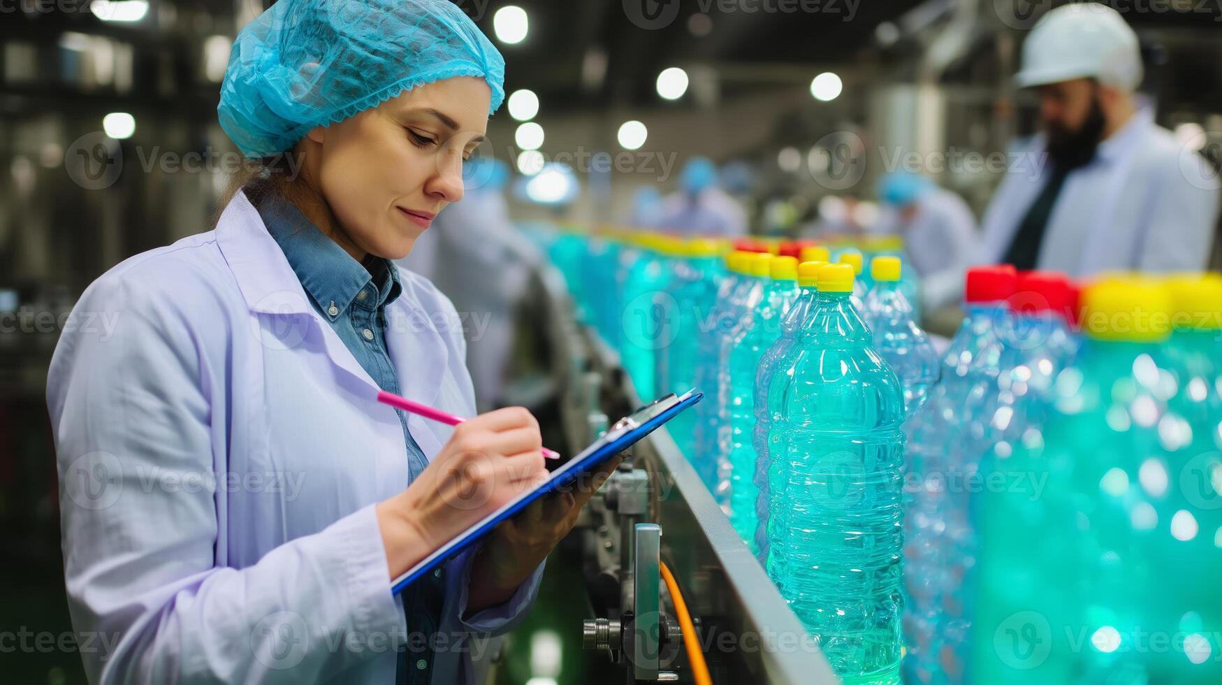 Workers monitor production line of beverage bottles in factory during daylight hours photo