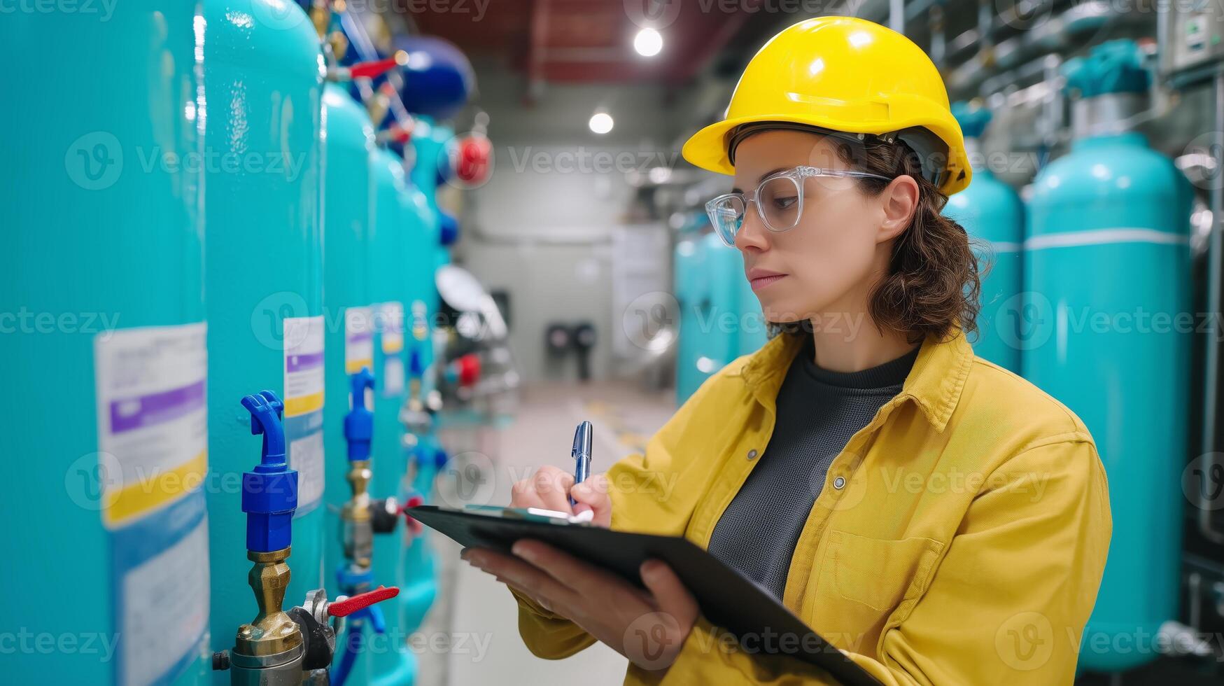 Engineer checks equipment and records data in industrial facility with gas cylinders during daytime operations photo