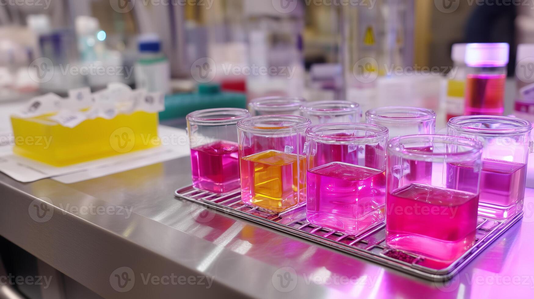 Various colored liquids in laboratory jars on a metallic workbench during a scientific experiment photo