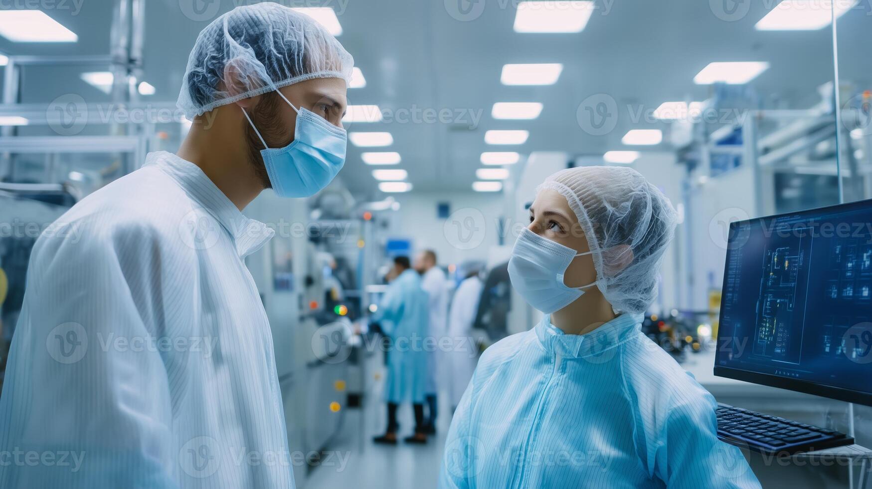 Scientists engage in discussion in a modern laboratory during research activity photo