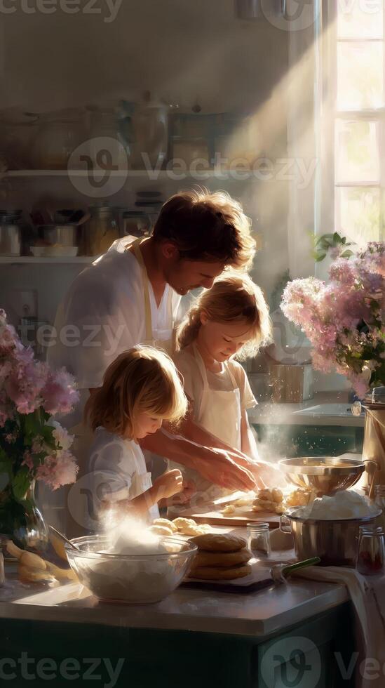 Family bonding through baking in a sunlit kitchen filled with flowers photo