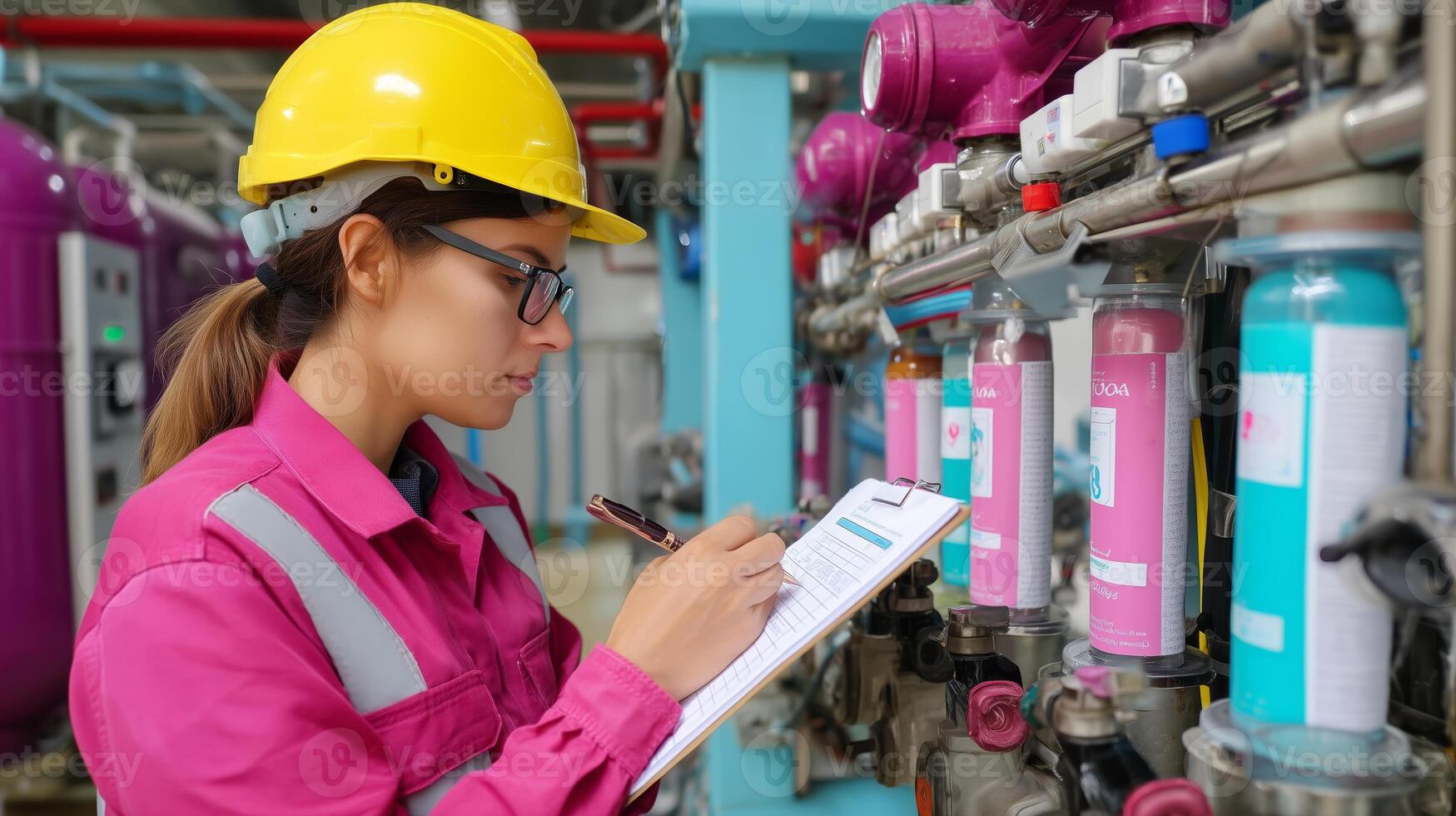 Engineer inspecting equipment and recording data in a modern industrial facility during the daytime photo