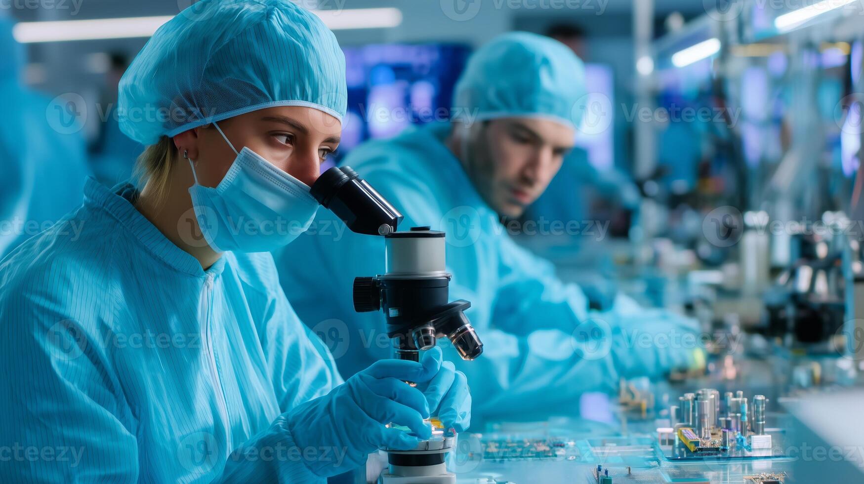 Scientists conduct research in a modern laboratory focused on microscopy and technological innovations during daylight hours photo