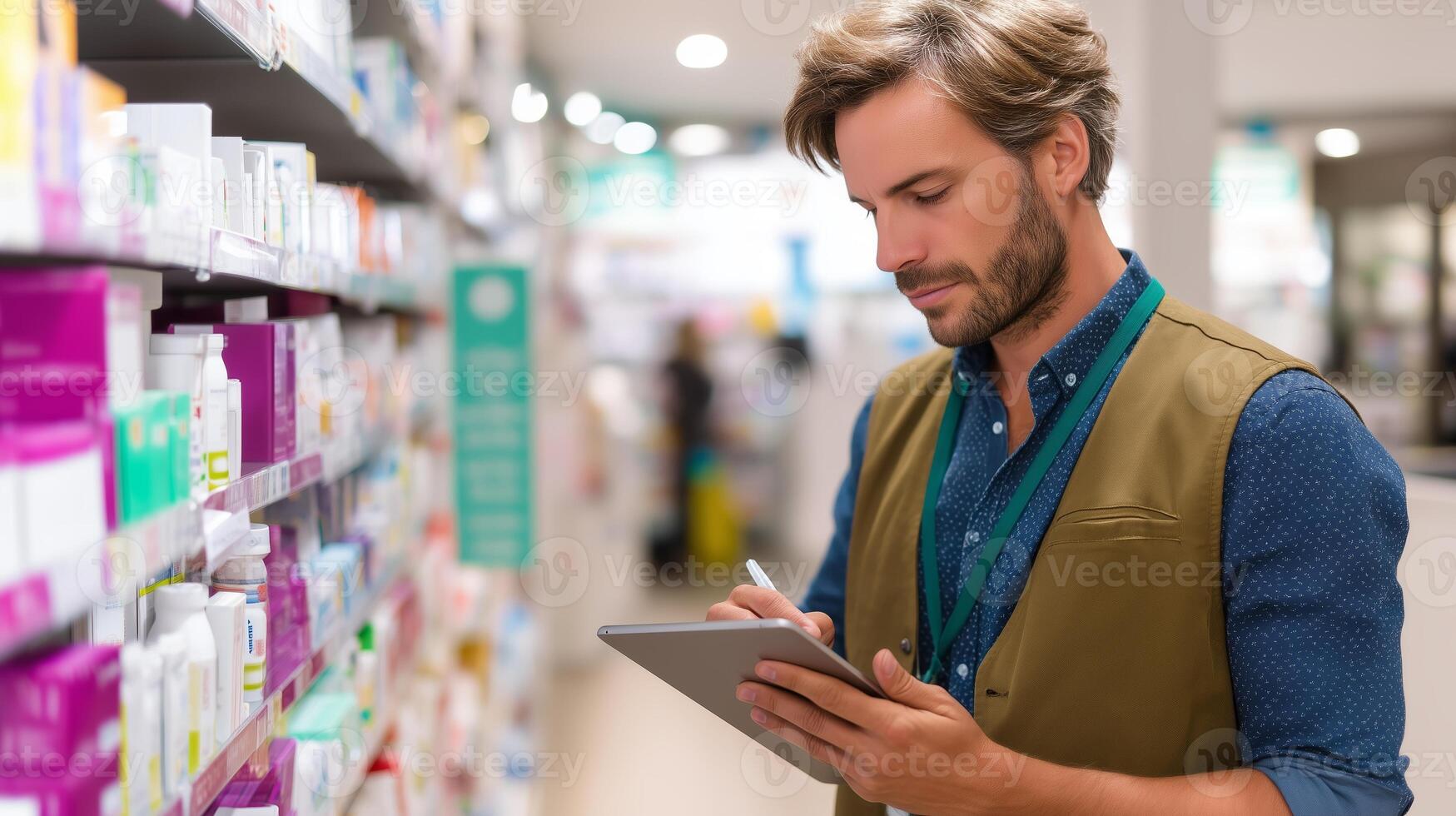 Pharmacist checking inventory in a modern pharmacy while using a tablet photo