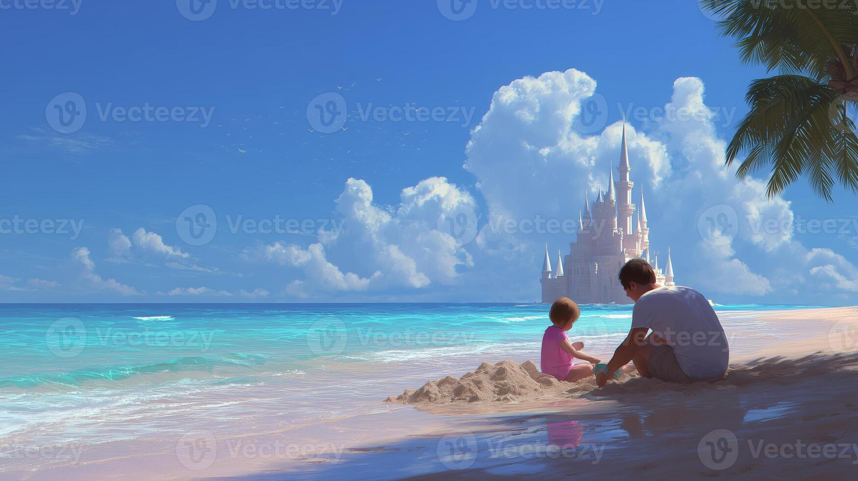 Father and child build sandcastle on beach near mystical castle under bright skies during sunny day photo