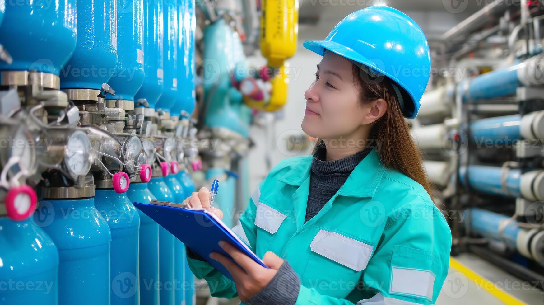 Engineer conducts maintenance check on gas cylinders in industrial facility while wearing safety gear photo