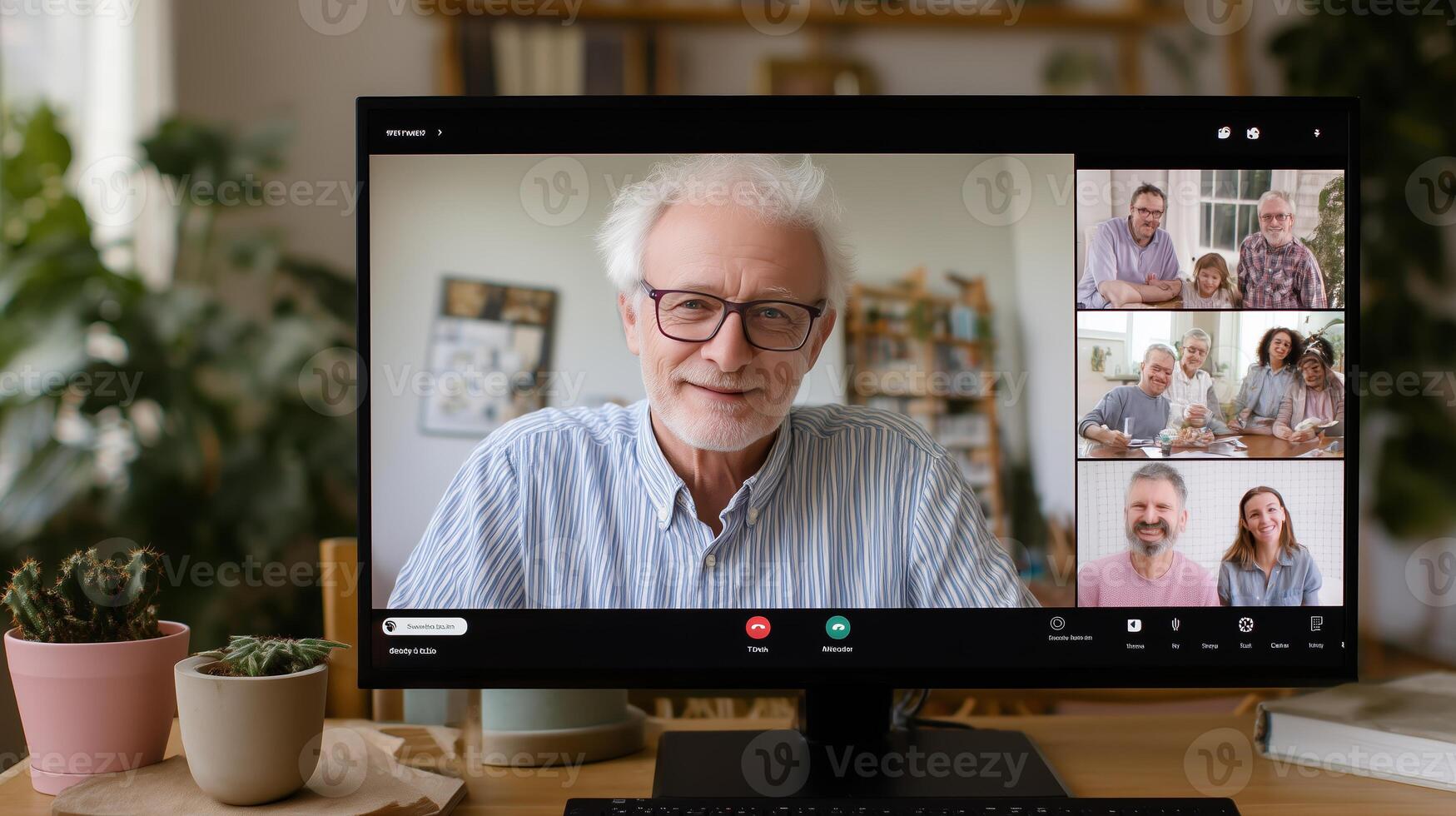 Elderly man participates in a call with family members at home during a sunny afternoon photo