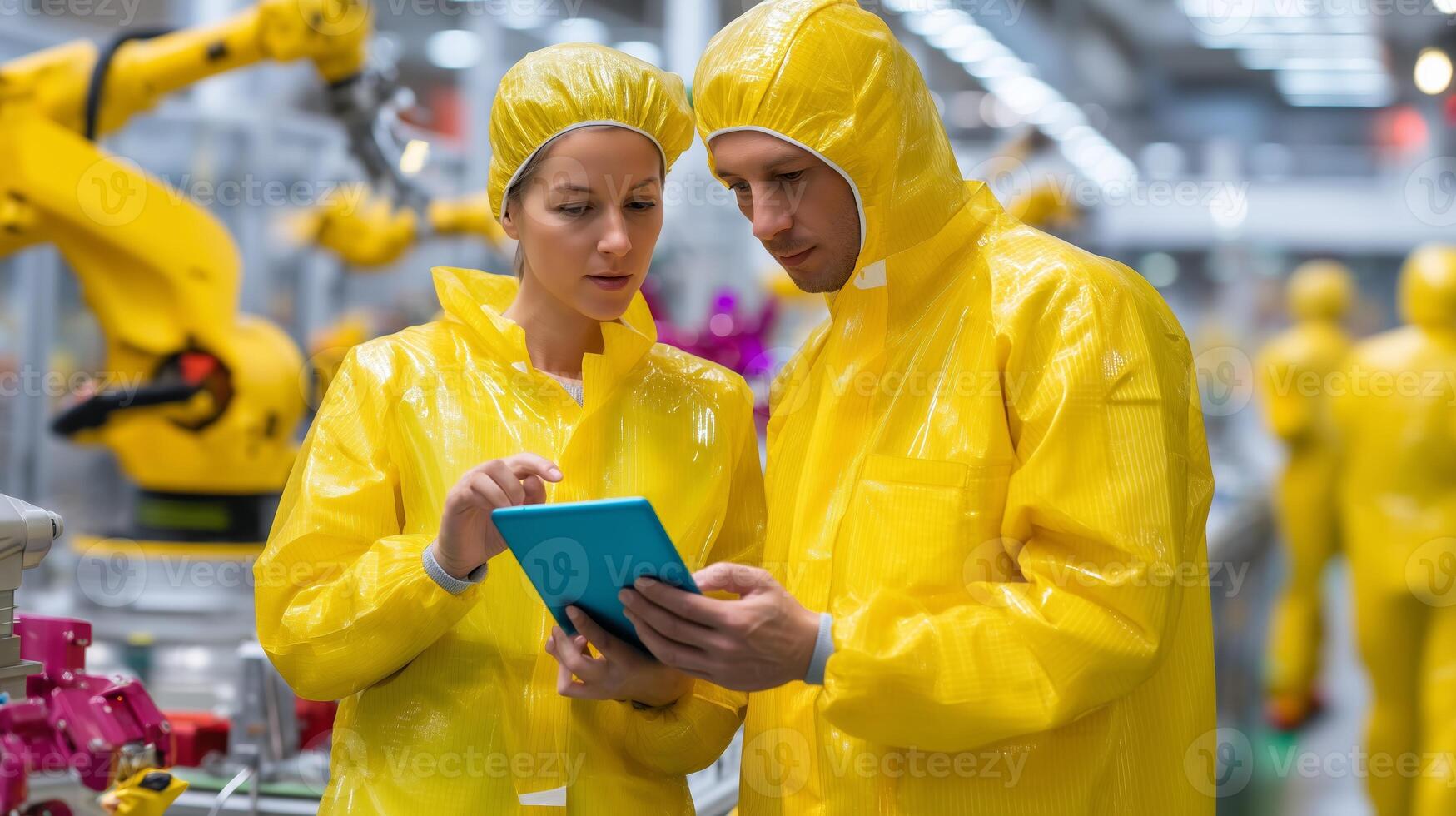 Engineers collaborating in a manufacturing facility while utilizing a tablet during quality control assessment photo
