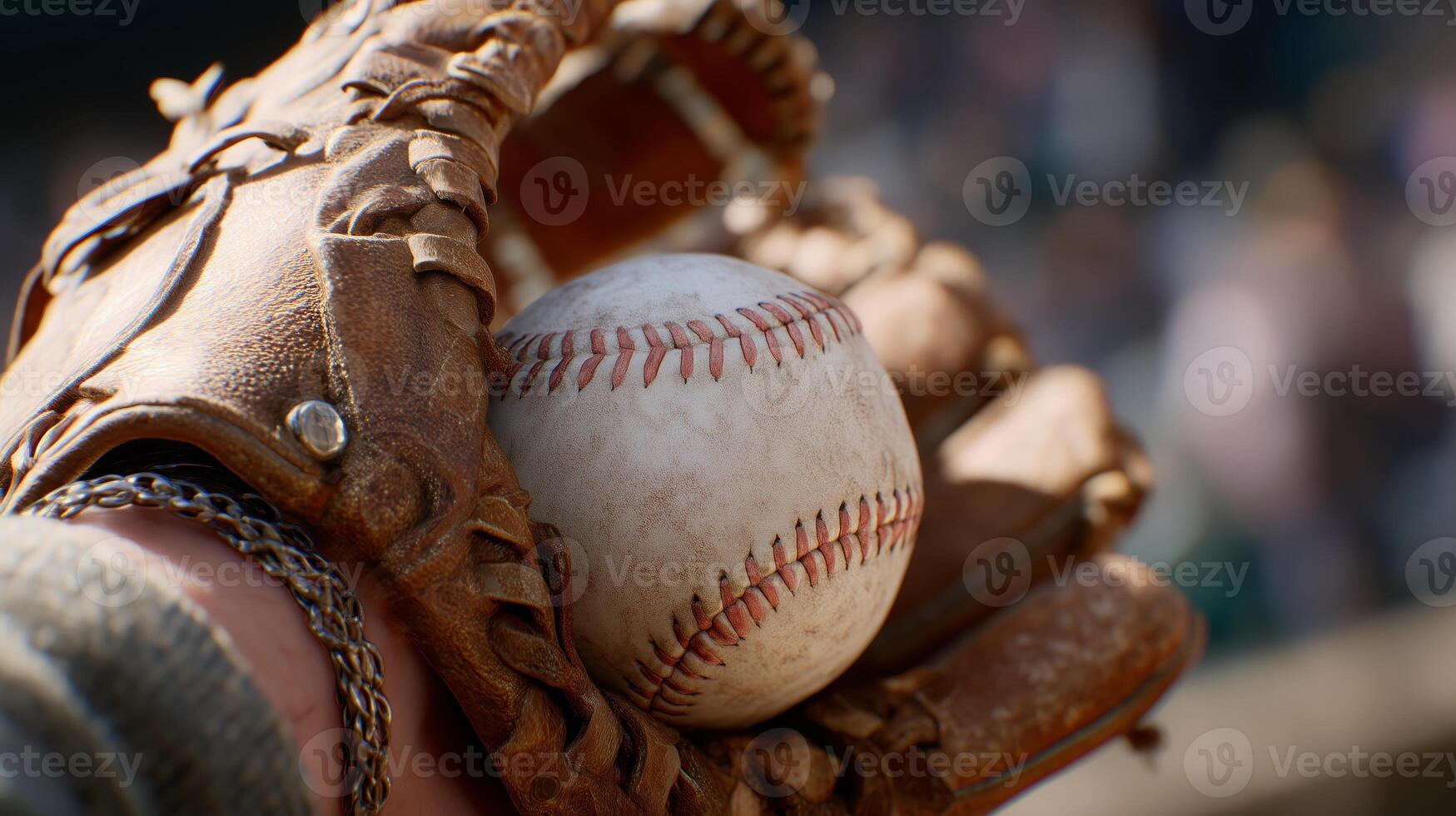 Baseball player grips leather glove and holds ball in a vibrant stadium during an afternoon game photo