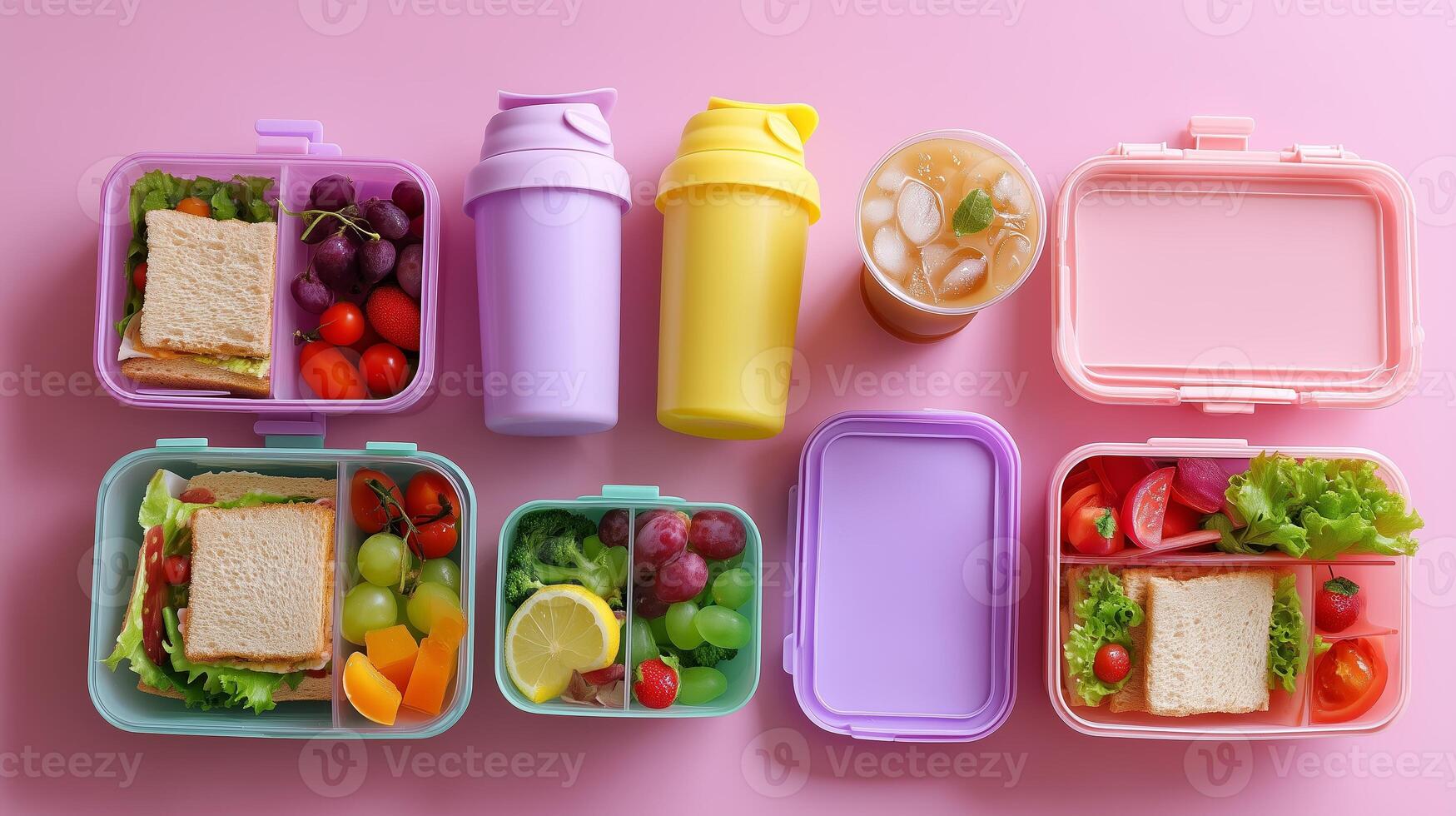 Colorful lunch boxes with healthy snacks and drinks arranged on pink background photo