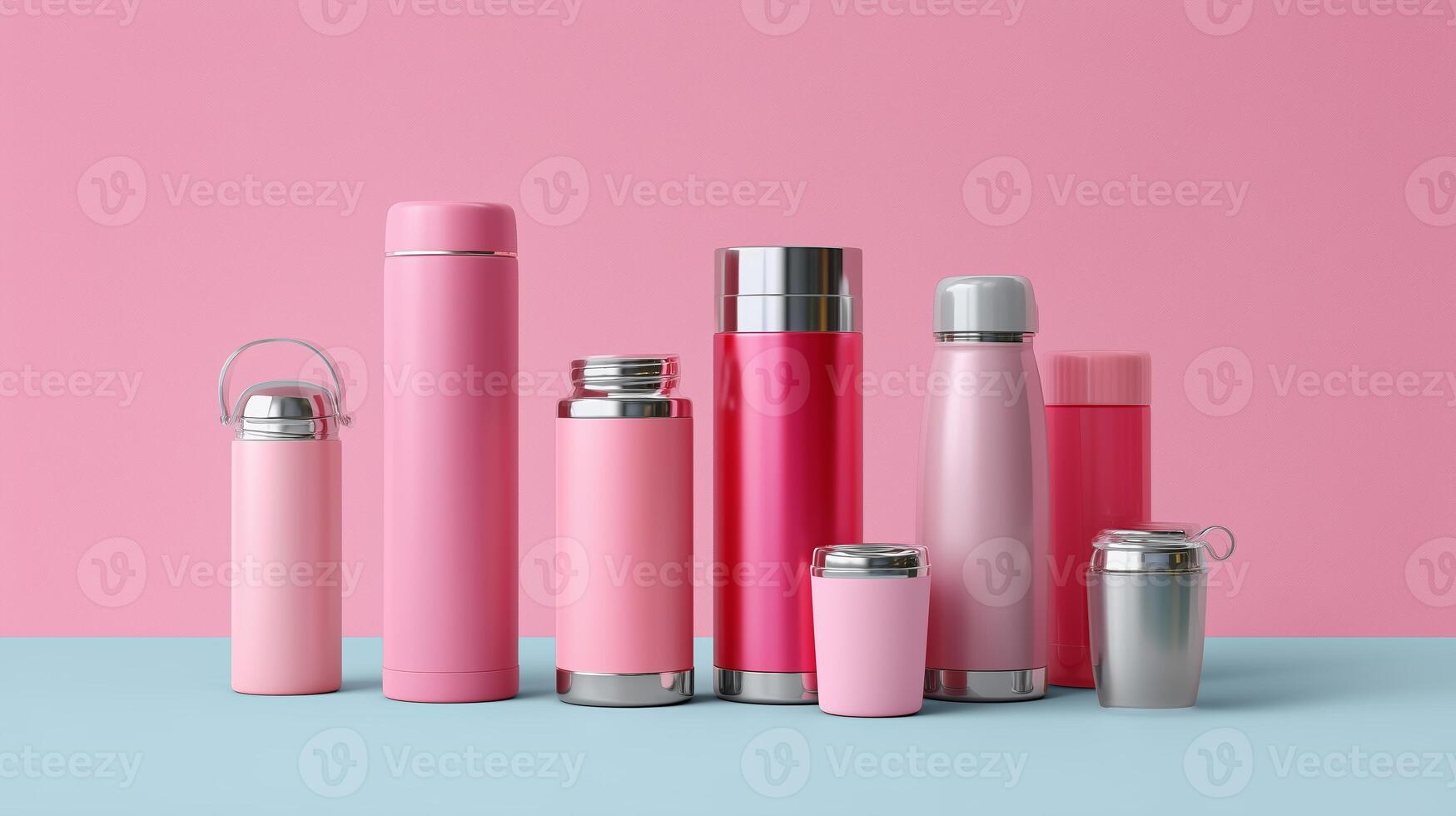 Assorted pink thermoses and mugs arranged on blue surface against solid pink background photo