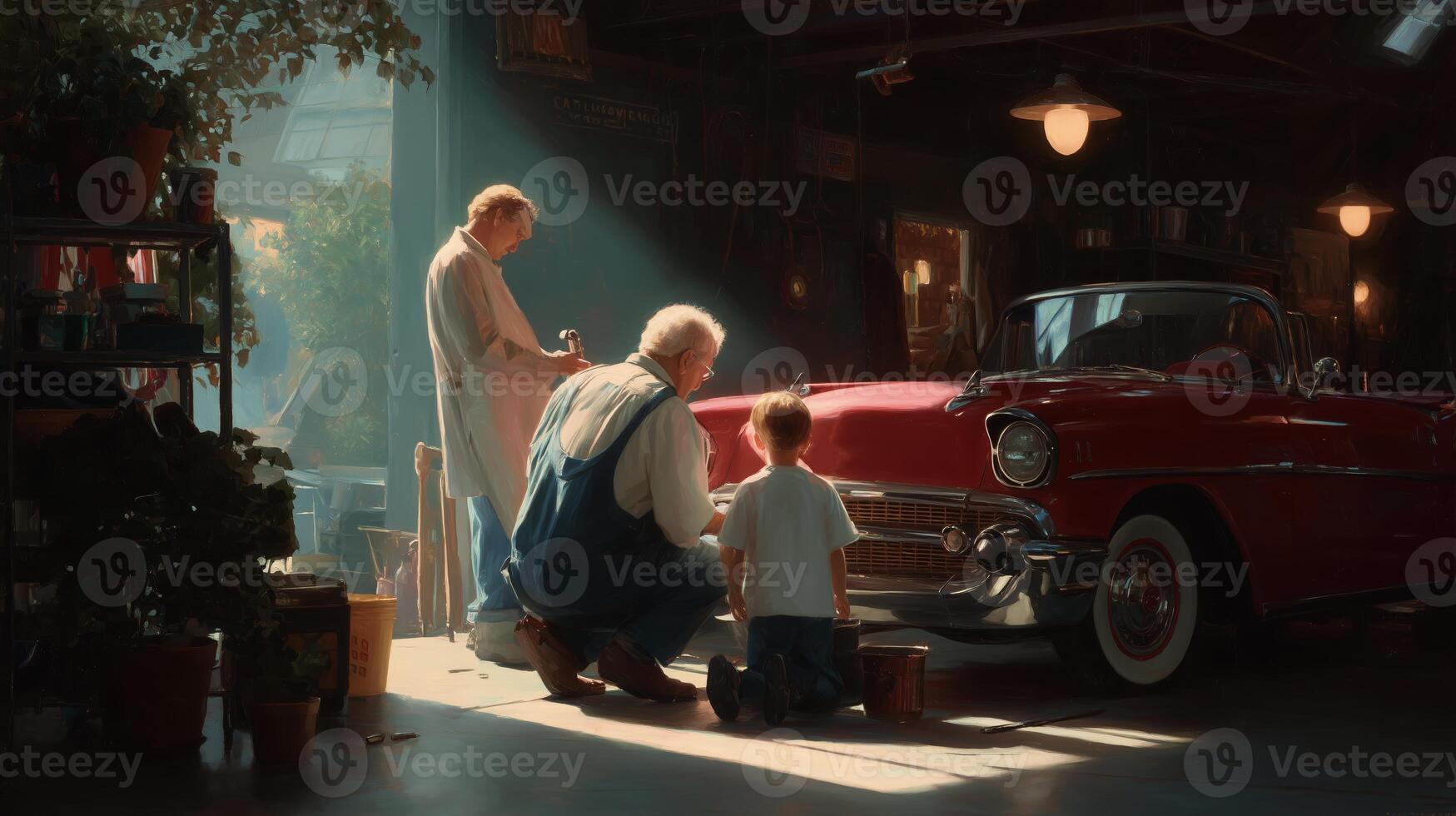 Grandfather and grandson working together to restore a classic car in a cozy garage during late afternoon light photo