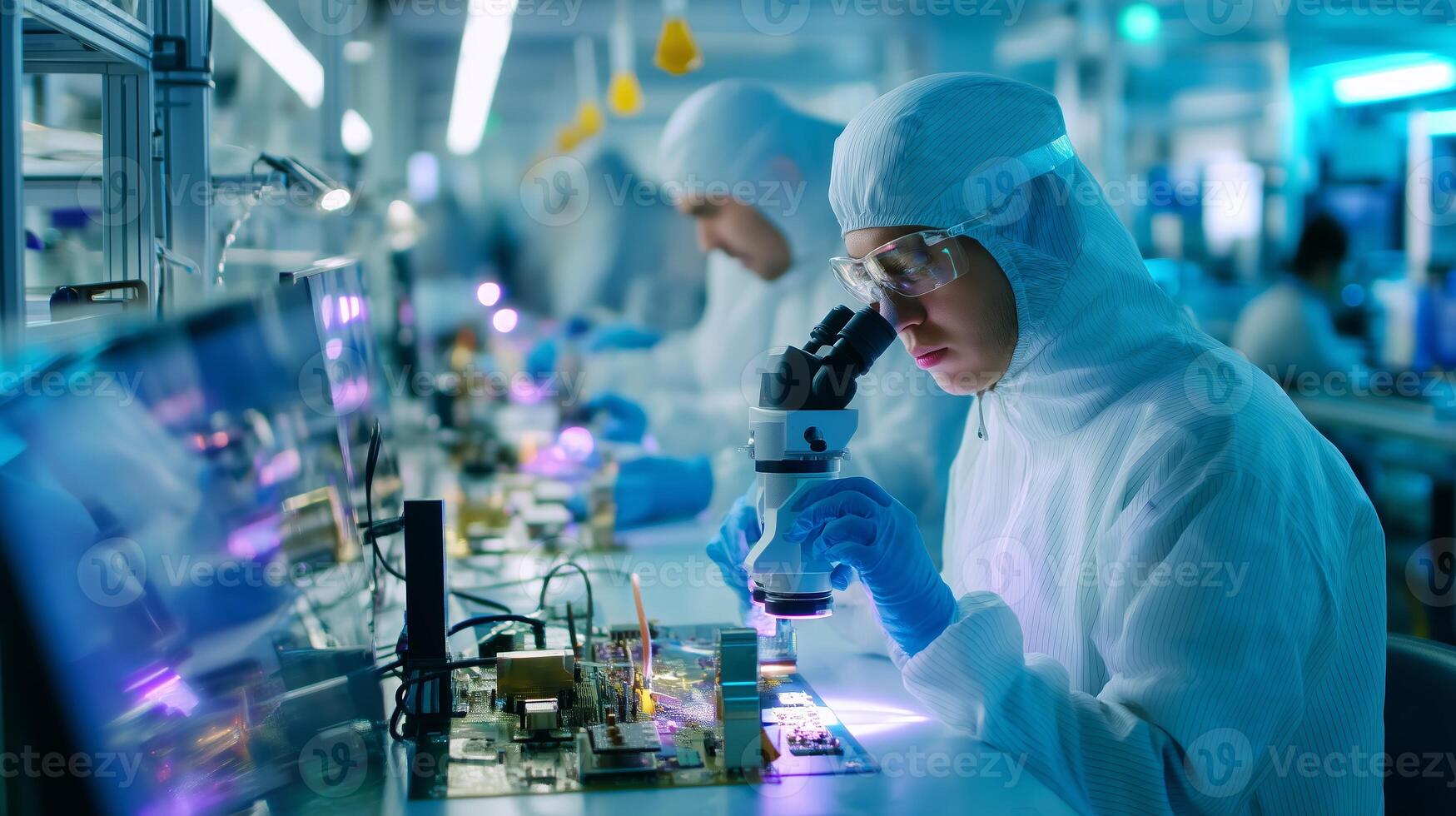 Scientists conduct research in a laboratory setting focusing on electronics and technology development during working hours photo