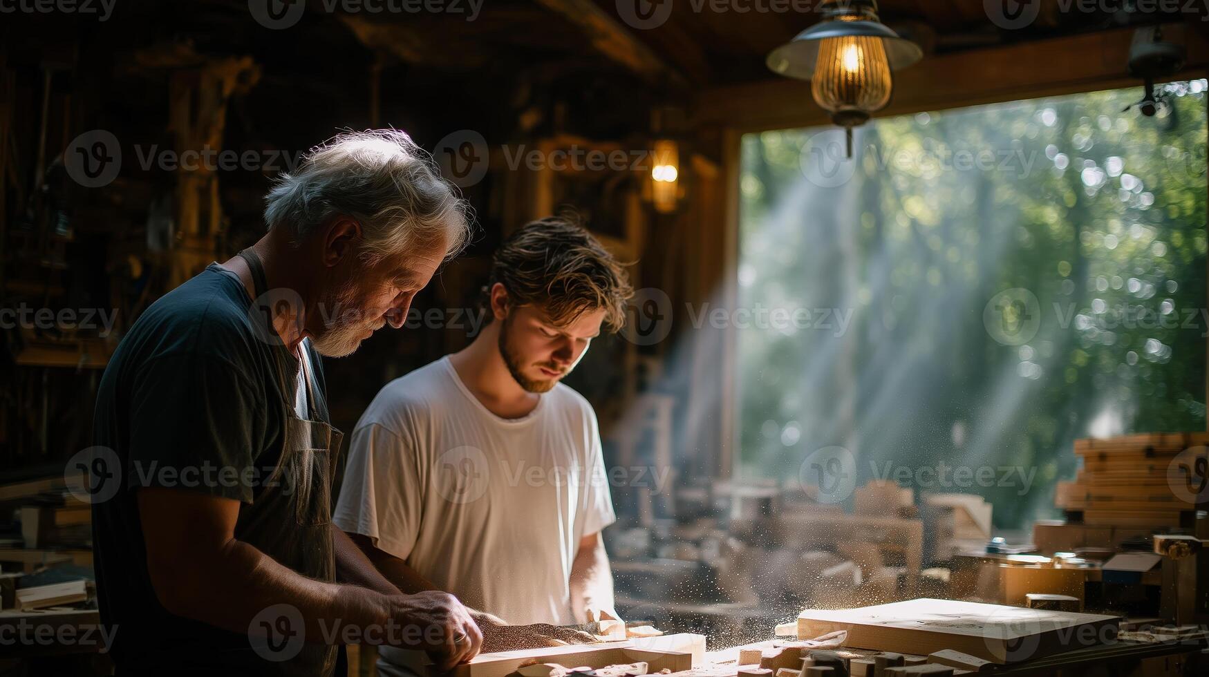 Two craftsmen collaborate in a sunlit workshop while working on wood projects during the afternoon photo