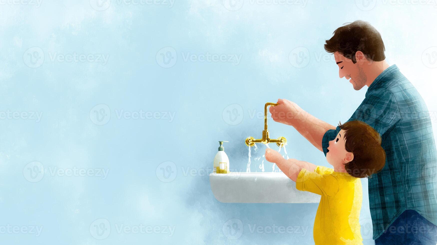 Father and child enjoying moments of handwashing together at home in a bright and cheerful bathroom photo