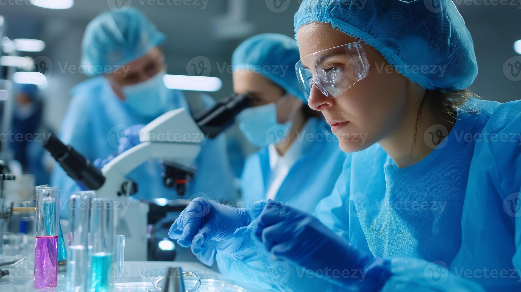 Laboratory research in a modern facility with scientists conducting experiments in the evening photo
