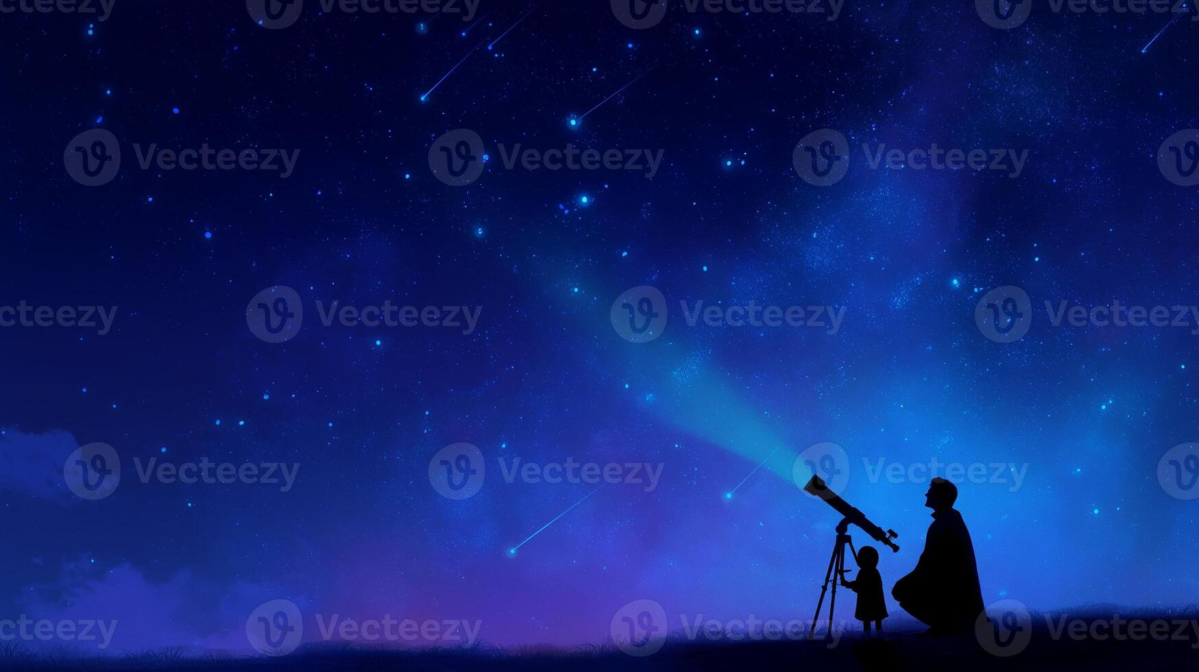 Observing the night sky with a child using a telescope while shooting stars illuminate the dark blue horizon photo