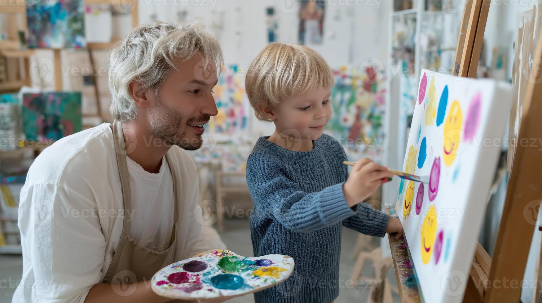 Artistic interaction between a man and a child in a creative studio during a vibrant painting session photo