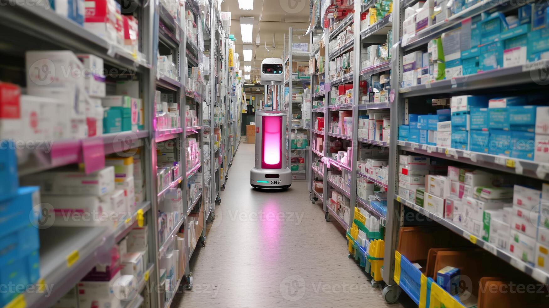 Robot assistant navigates pharmacy aisle to streamline medication delivery during busy hours photo
