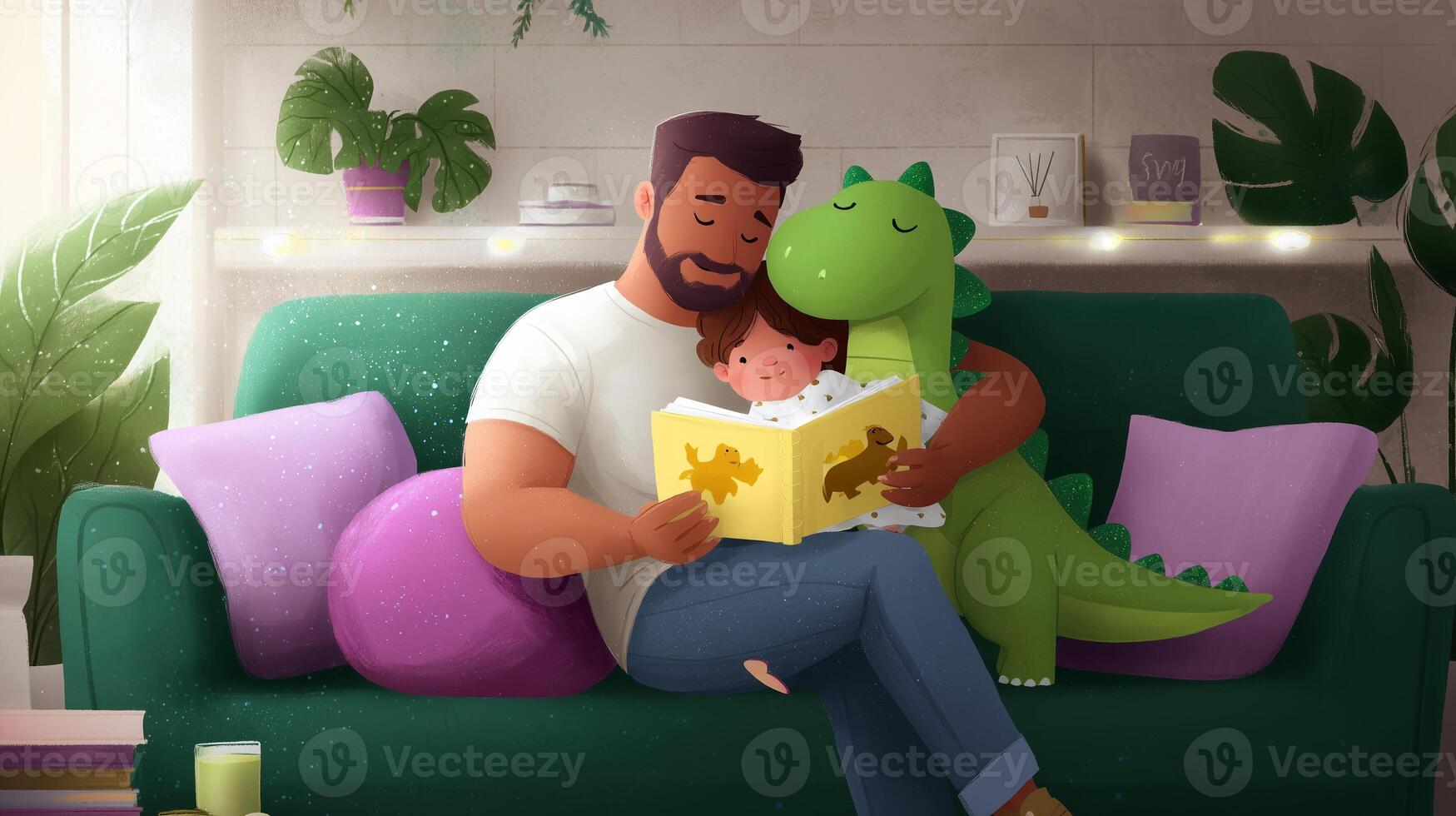 Reading time on the couch with a dinosaur and a child during a cozy afternoon in a bright living room photo