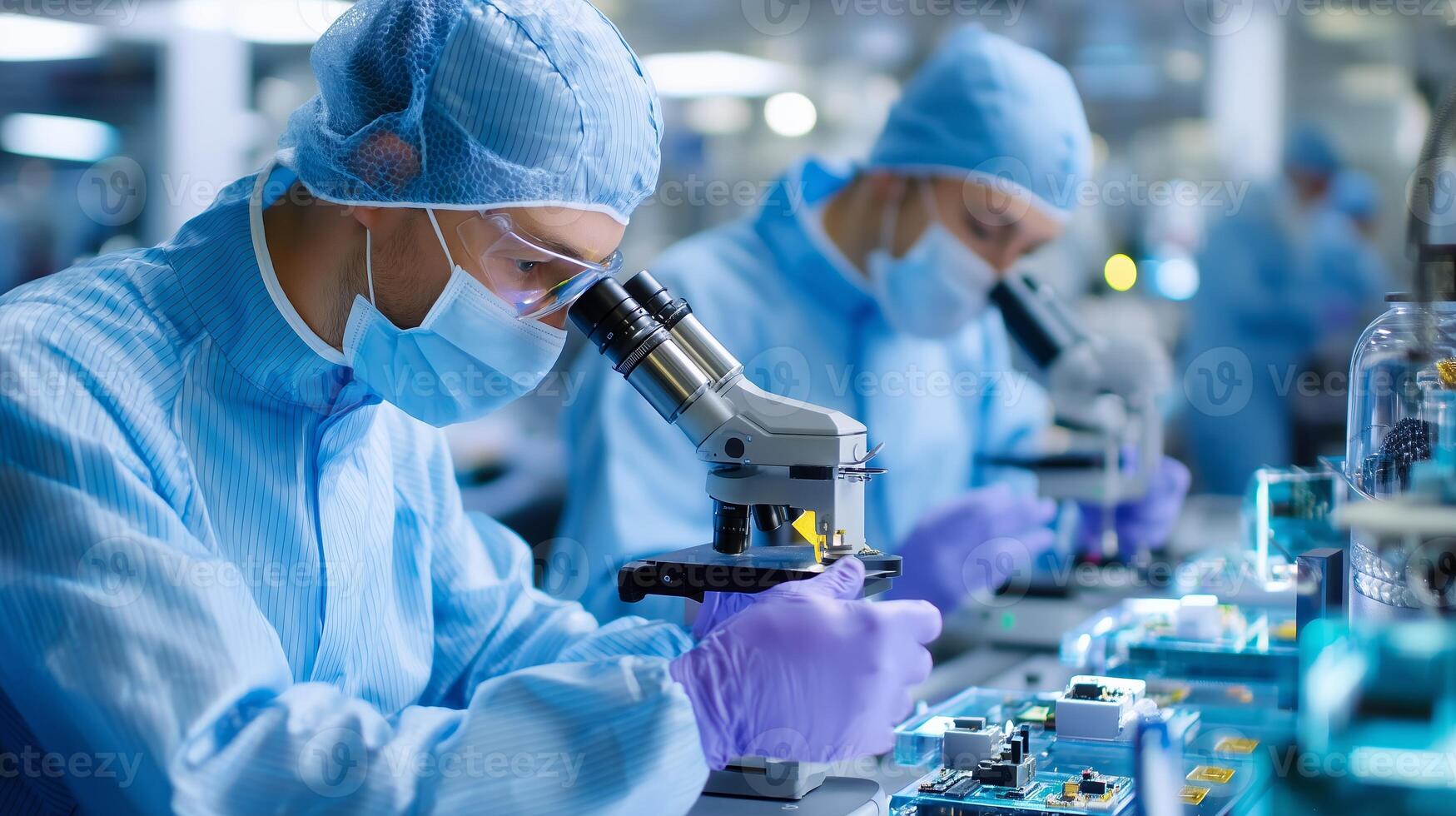 Scientists conduct research in a laboratory with microscopes while wearing protective gear in a sterile environment photo