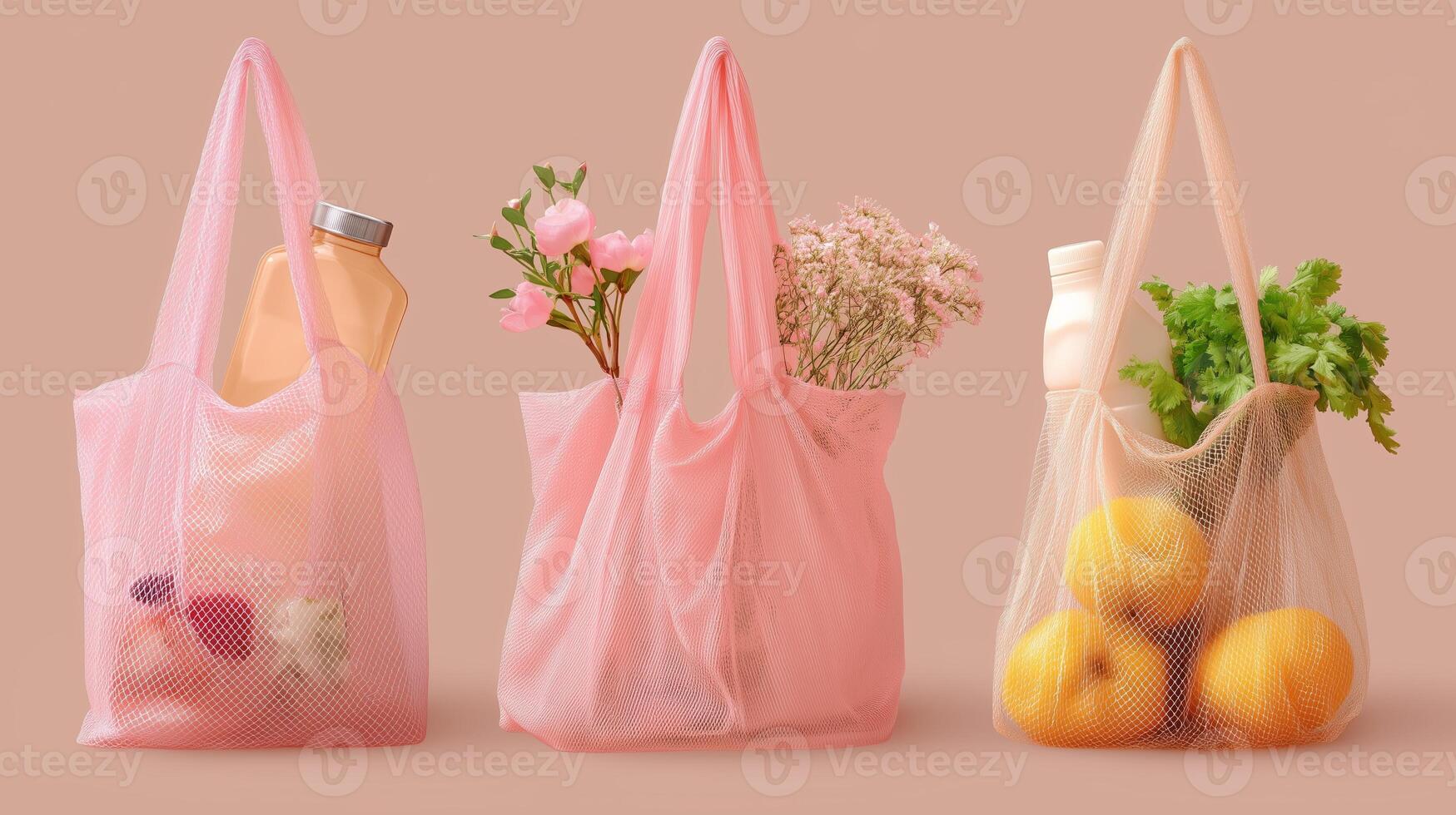 Colorful reusable bags filled with groceries and fresh produce on a neutral background photo