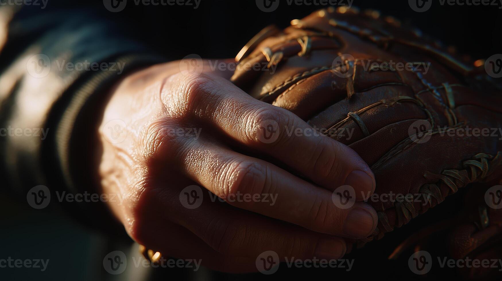 Close-up of a hand gripping a baseball glove during an outdoor game in the late afternoon sun, capturing the anticipation of play photo