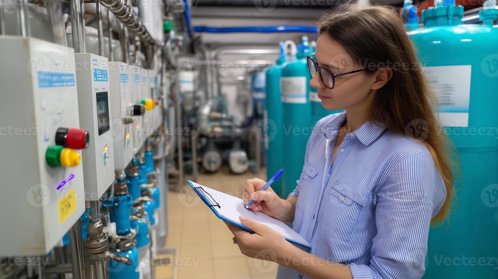 Engineer conducts inspection in industrial facility during day shift while monitoring control panels photo