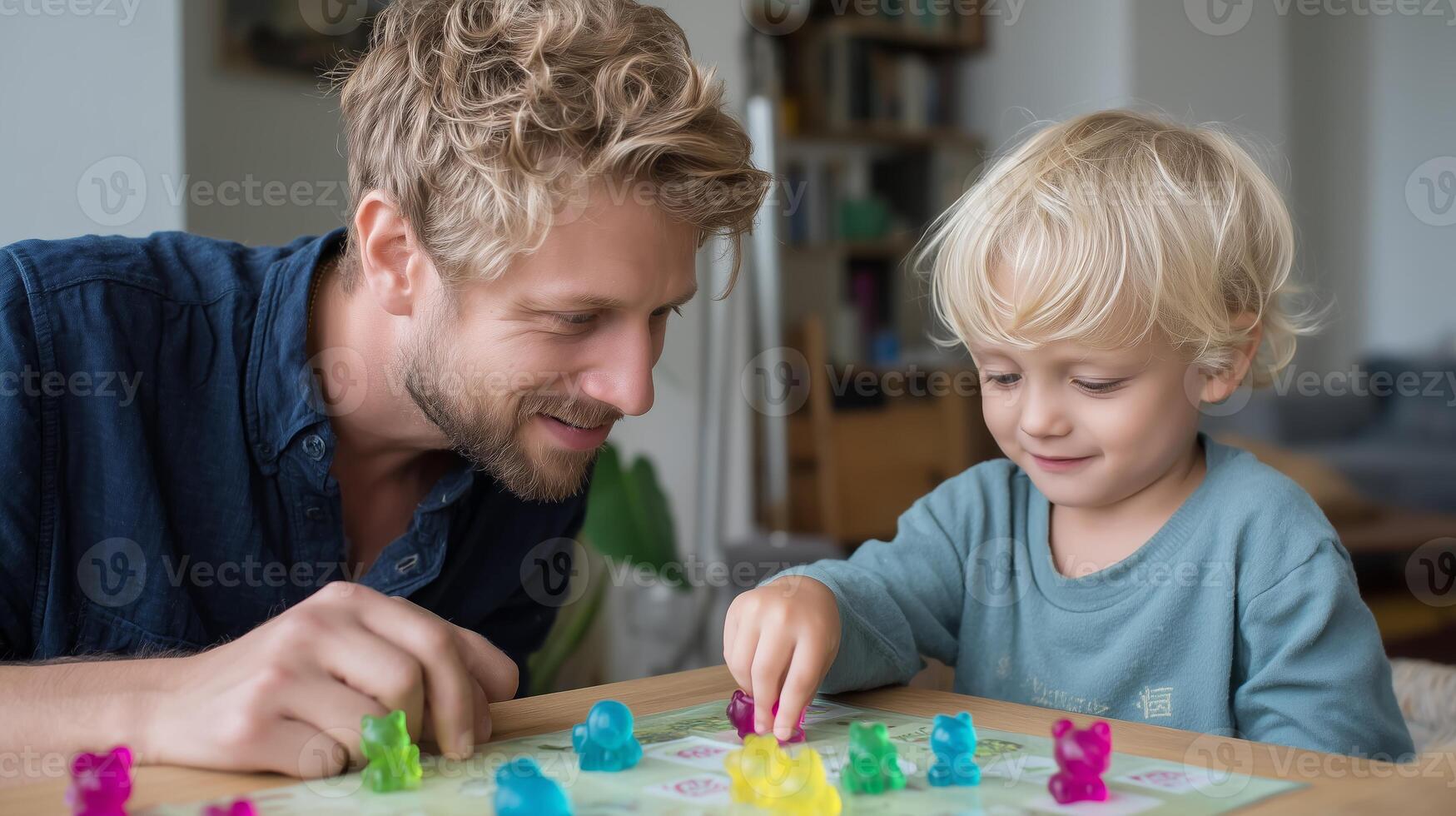 Father and son enjoy a colorful board game afternoon in their cozy living room photo