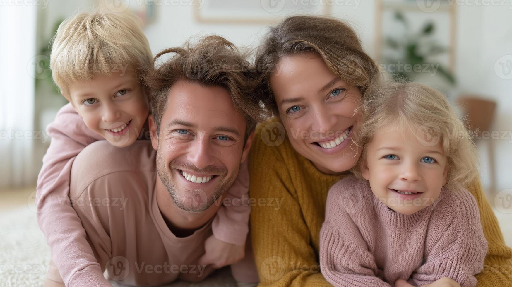Happy family enjoys cozy moment together at home in soft sweaters with cheerful smiles on a sunny afternoon photo