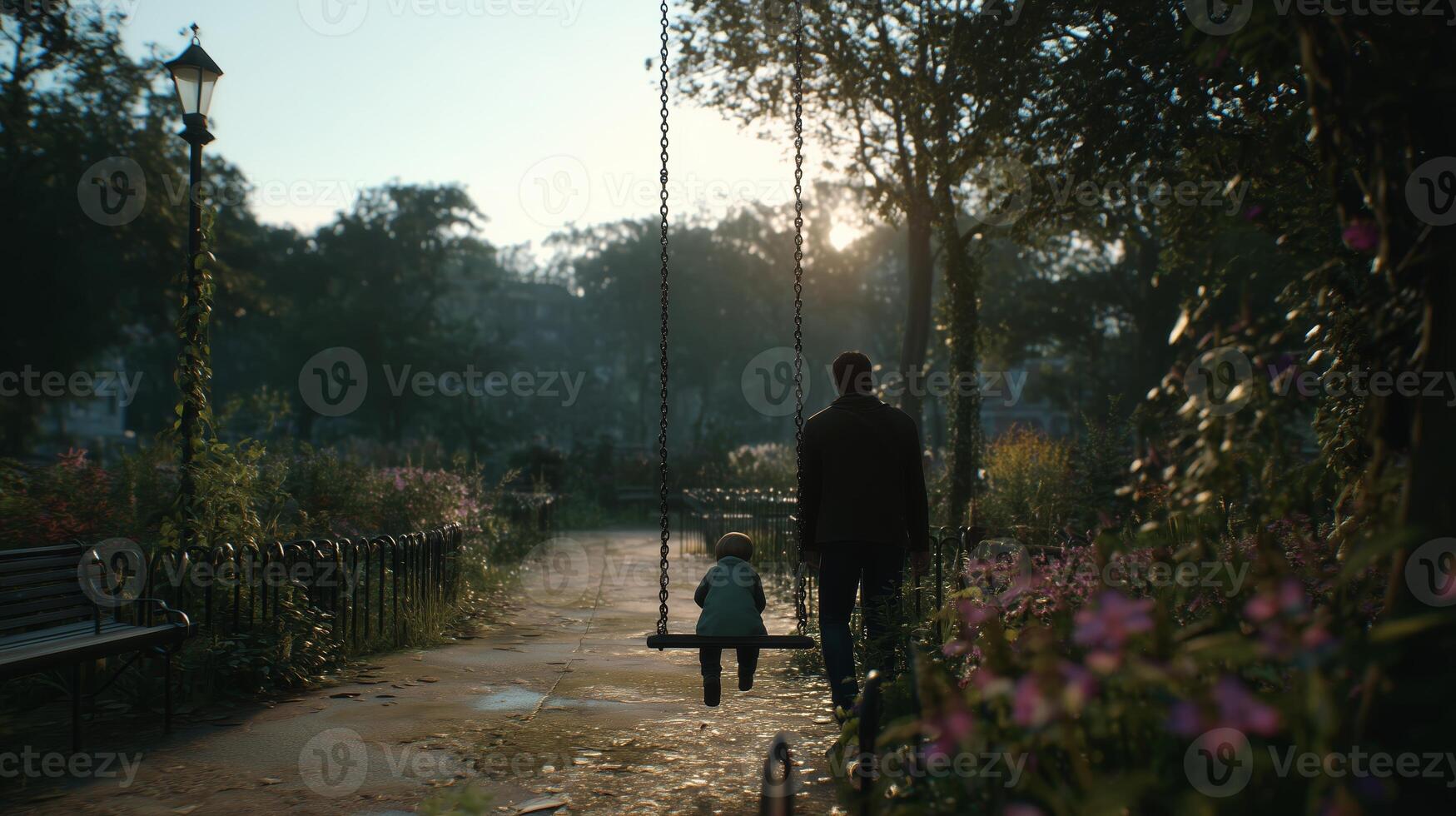 Father and child enjoy quiet moment on swing in peaceful park during early morning light photo