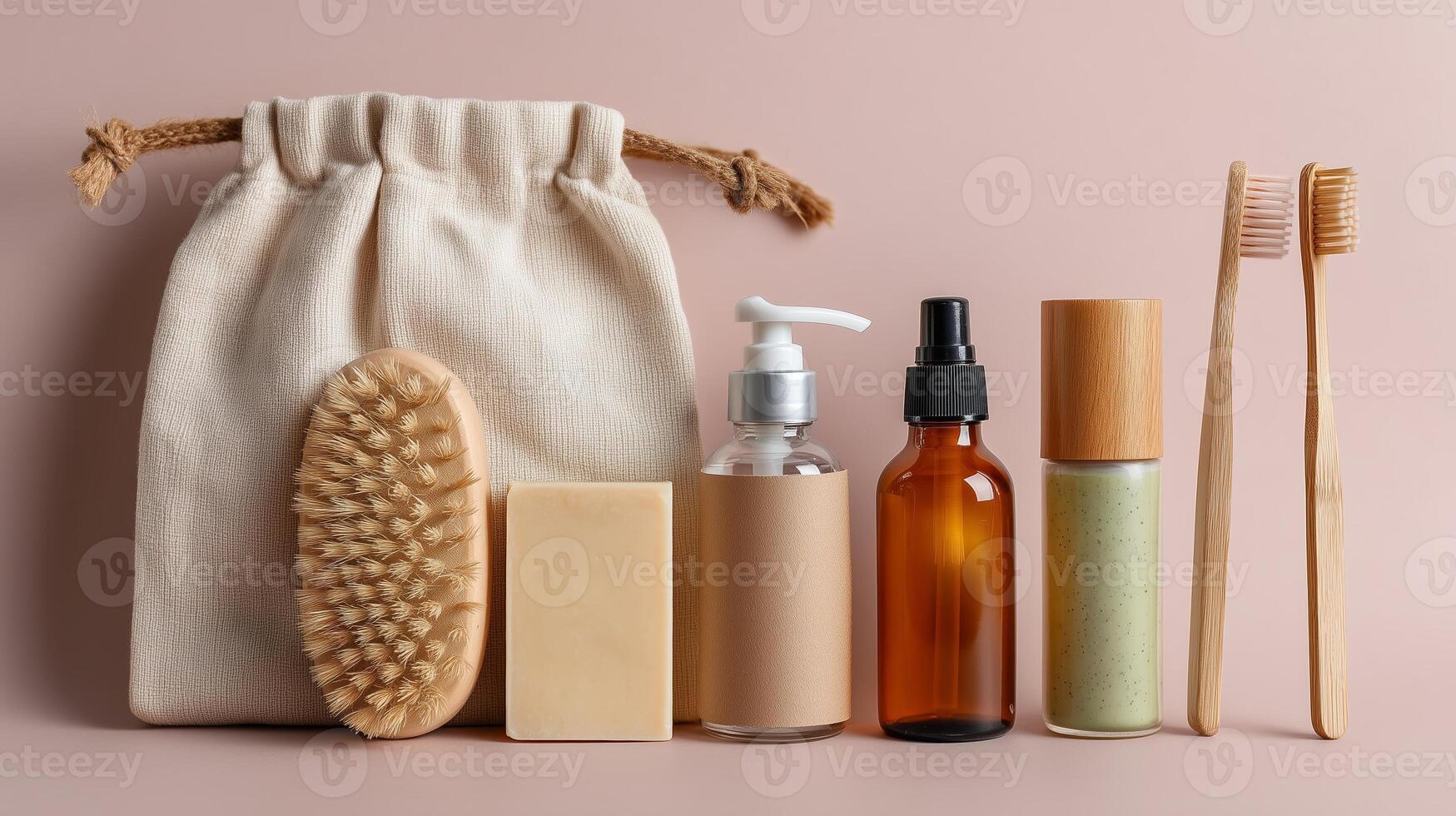 Natural skincare products arranged on a soft pink background for a beauty routine photo
