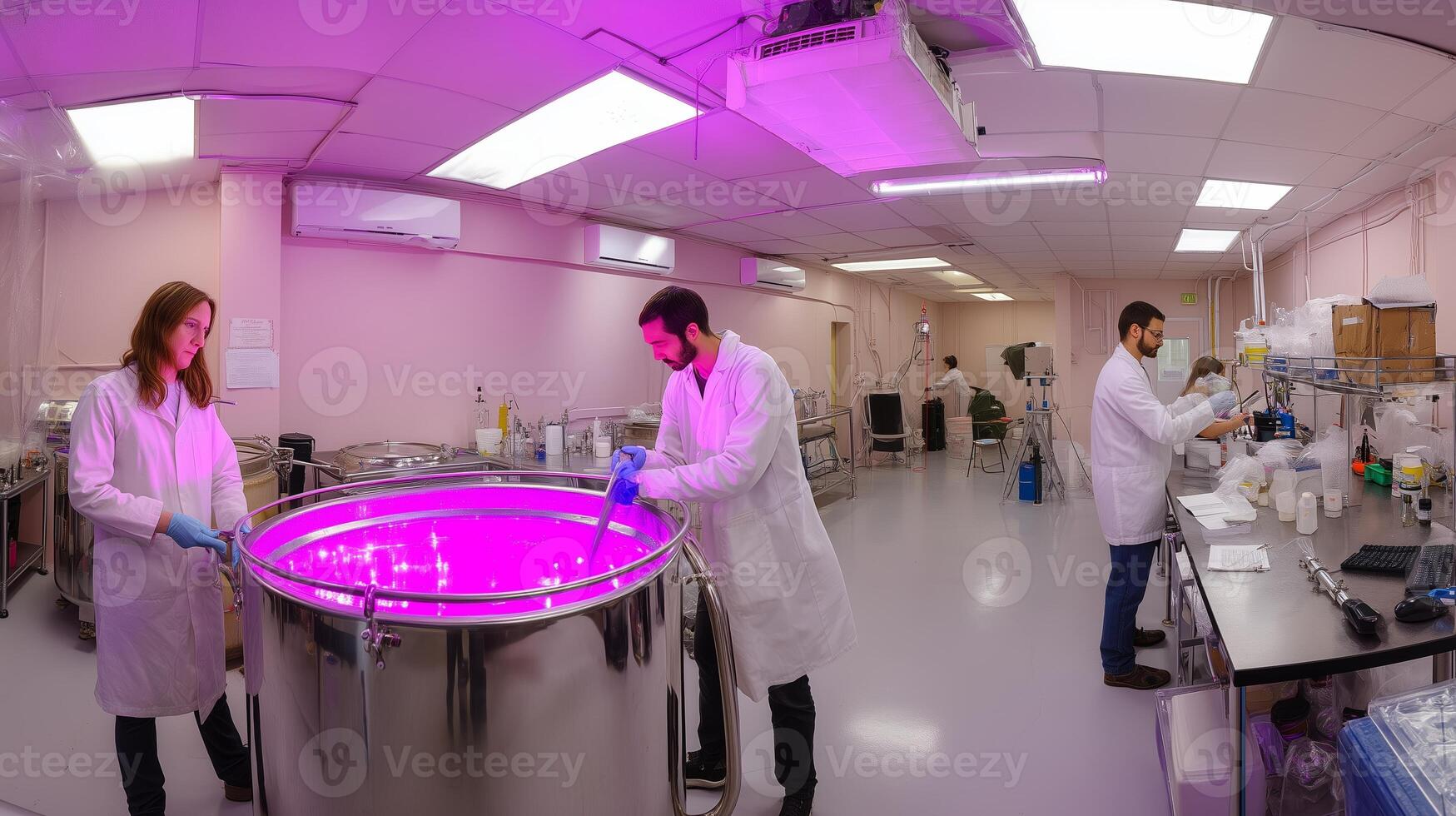 Scientists conduct experiments in a laboratory with pink lighting creating a vibrant atmosphere for research activities photo