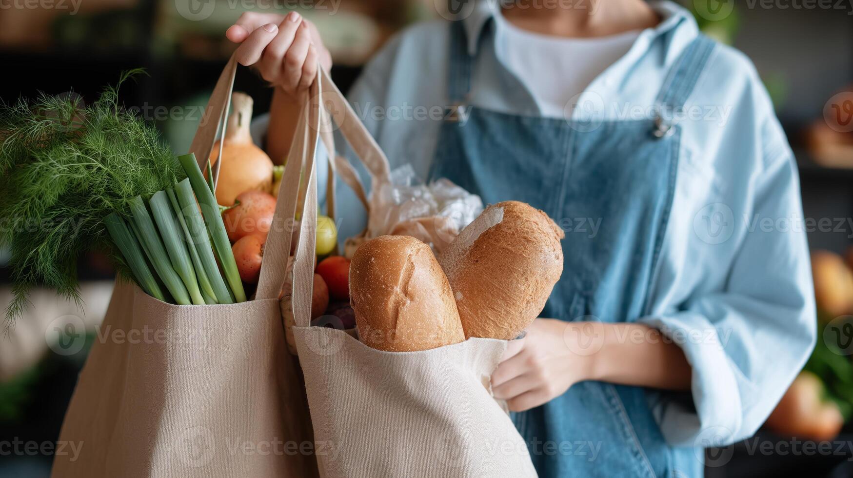 Person carries reusable bags filled with fresh produce and bread in grocery store photo